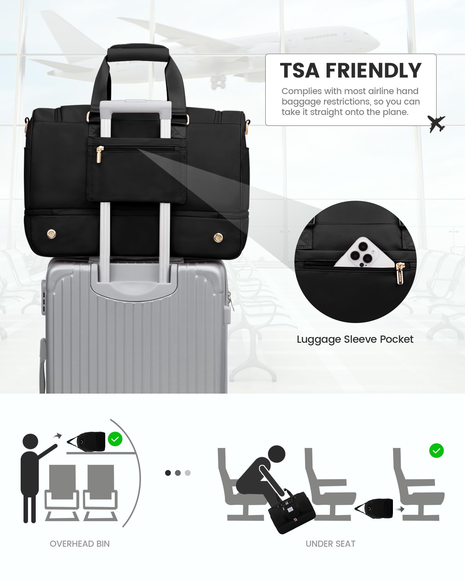 LOVEVOOK Borsone da Viaggio Borsa Palestra Donna, 50L Bagaglio a Mano con Scomparto per le Scarpe, Impermeabile Borsa Sportiva Piscina, Grande Weekend Travel Duffel Gym Bag per Aereo Fitness, Nero
