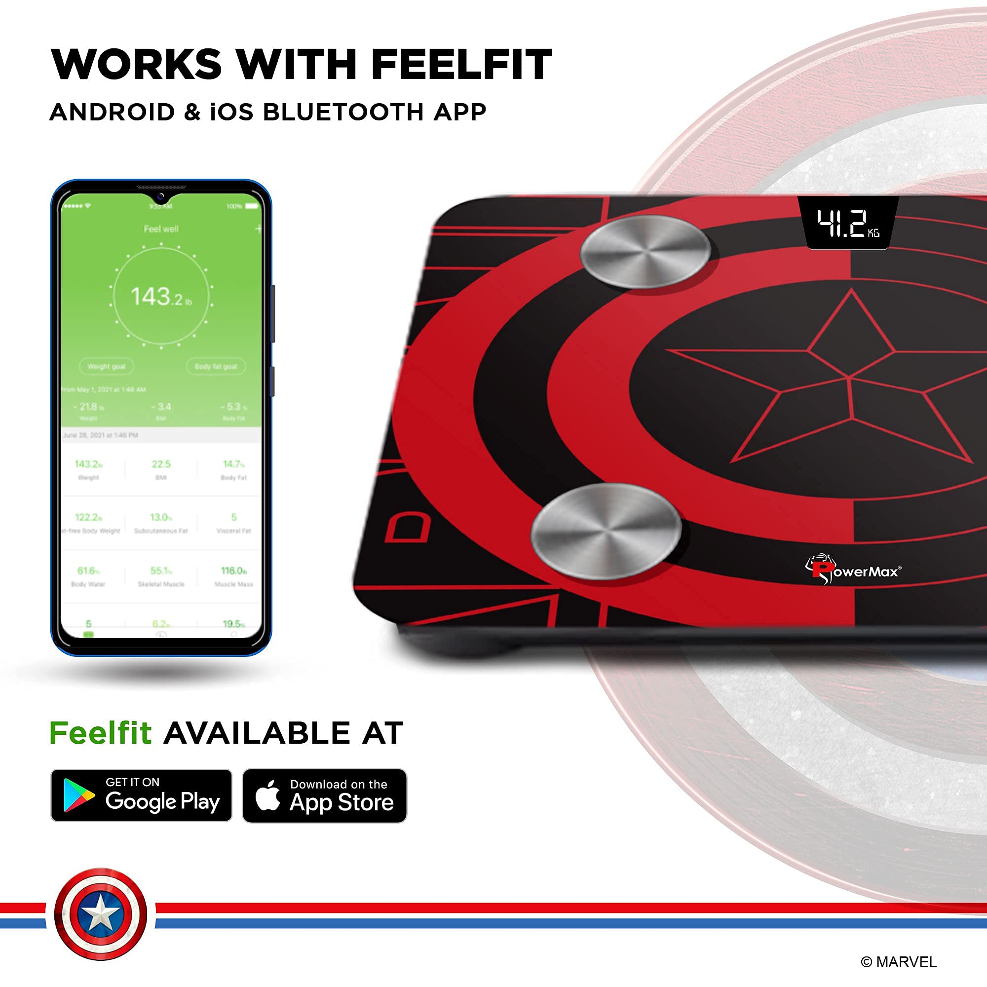 PowerMax X Marvel BCA-130 Marvel Edition Red Captain America Digital Weight Machine for Human Body - High Accuracy Bathroom Weighing Scale with Step-on Technology & Super Durable 6mm Tempered Glass 3