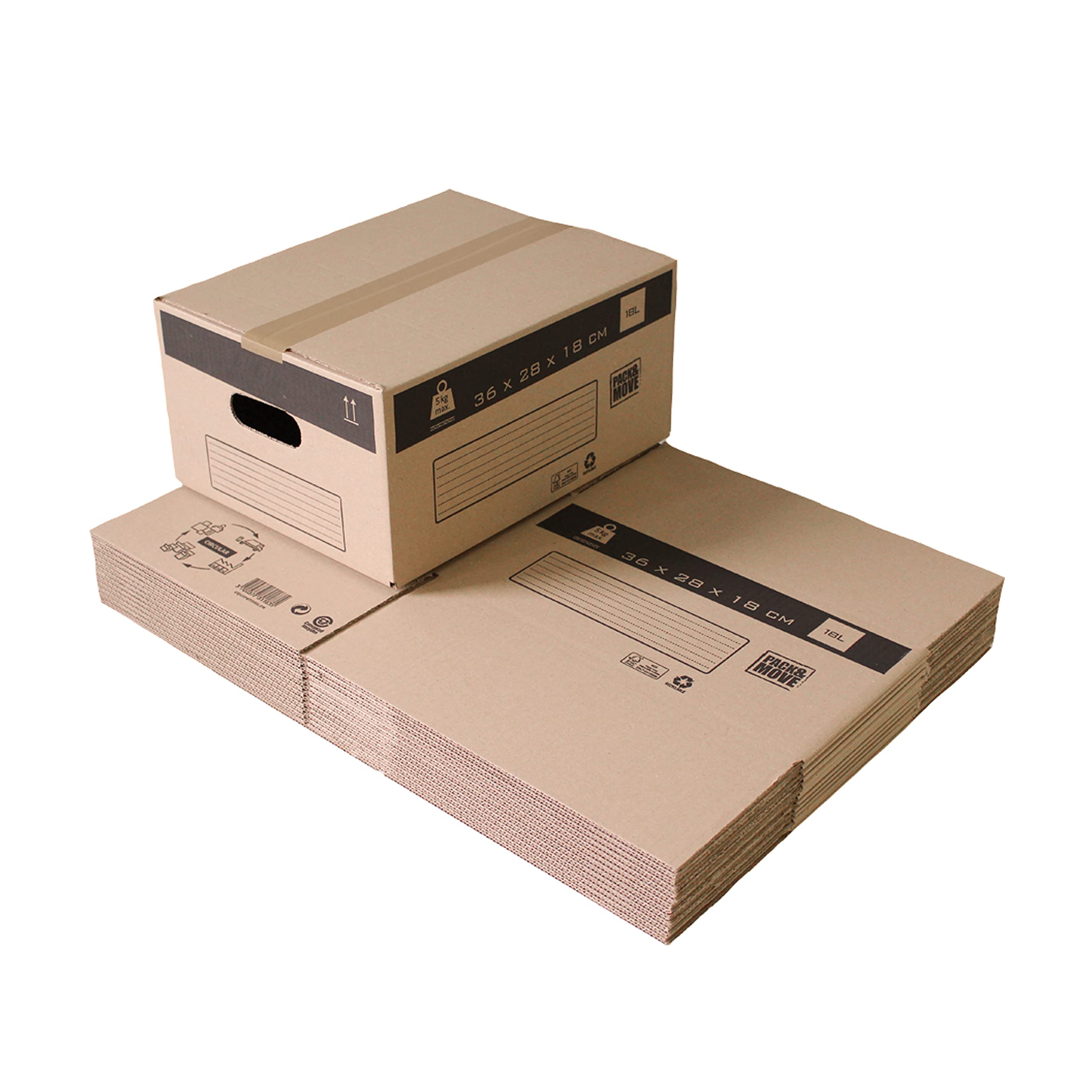 Pack and Move - Lot 20 cartons déménagement stockage S - 36 x 28 x 18 cm - Poignées renforcées - 1 adhésif offert