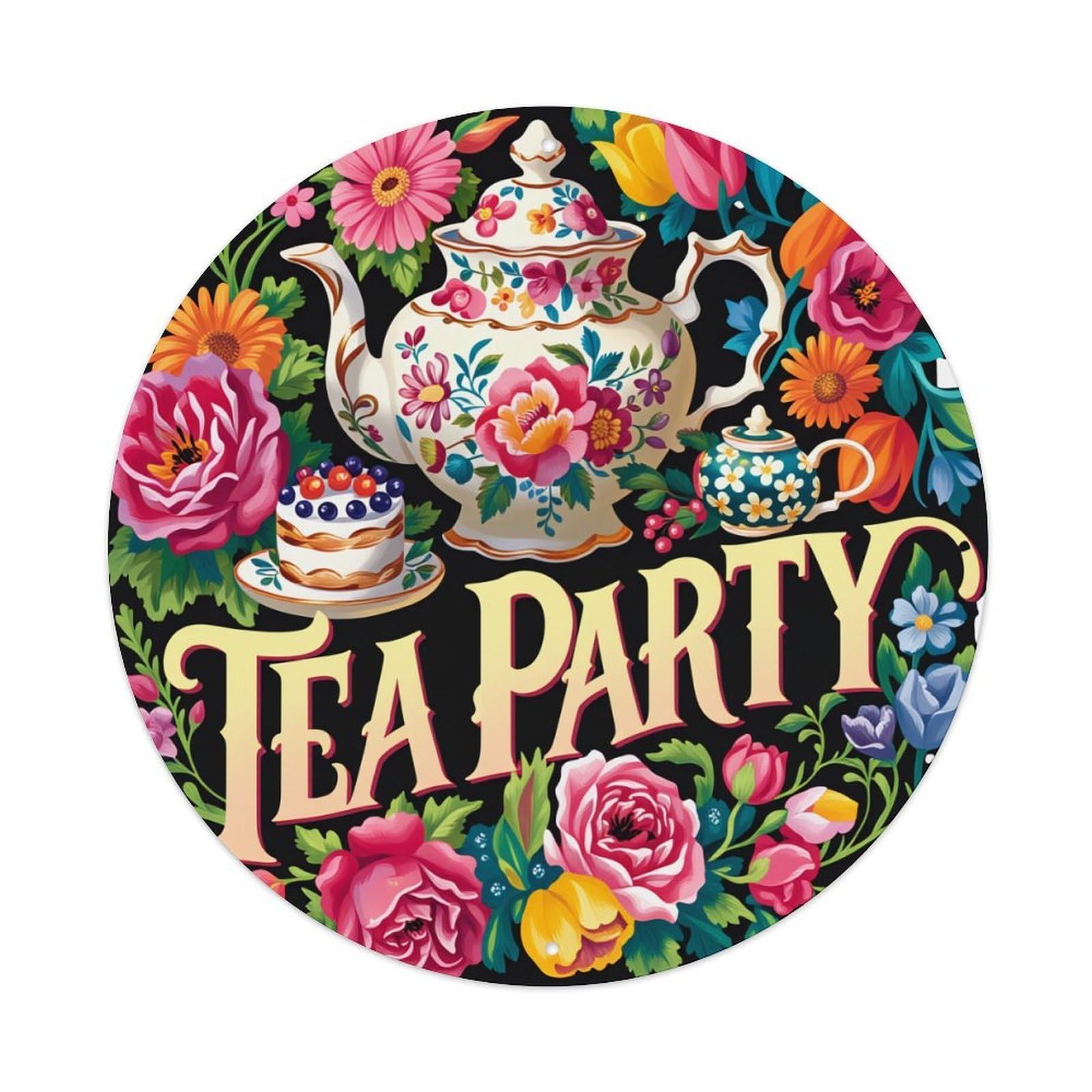 Floral Teapot Cake Flowers Tea Round Tin Sign Vintage Metal Poster, Home Bar Garage Man Cave Cafe Indoor & Outdoor Wall Decoration 8x8Inches