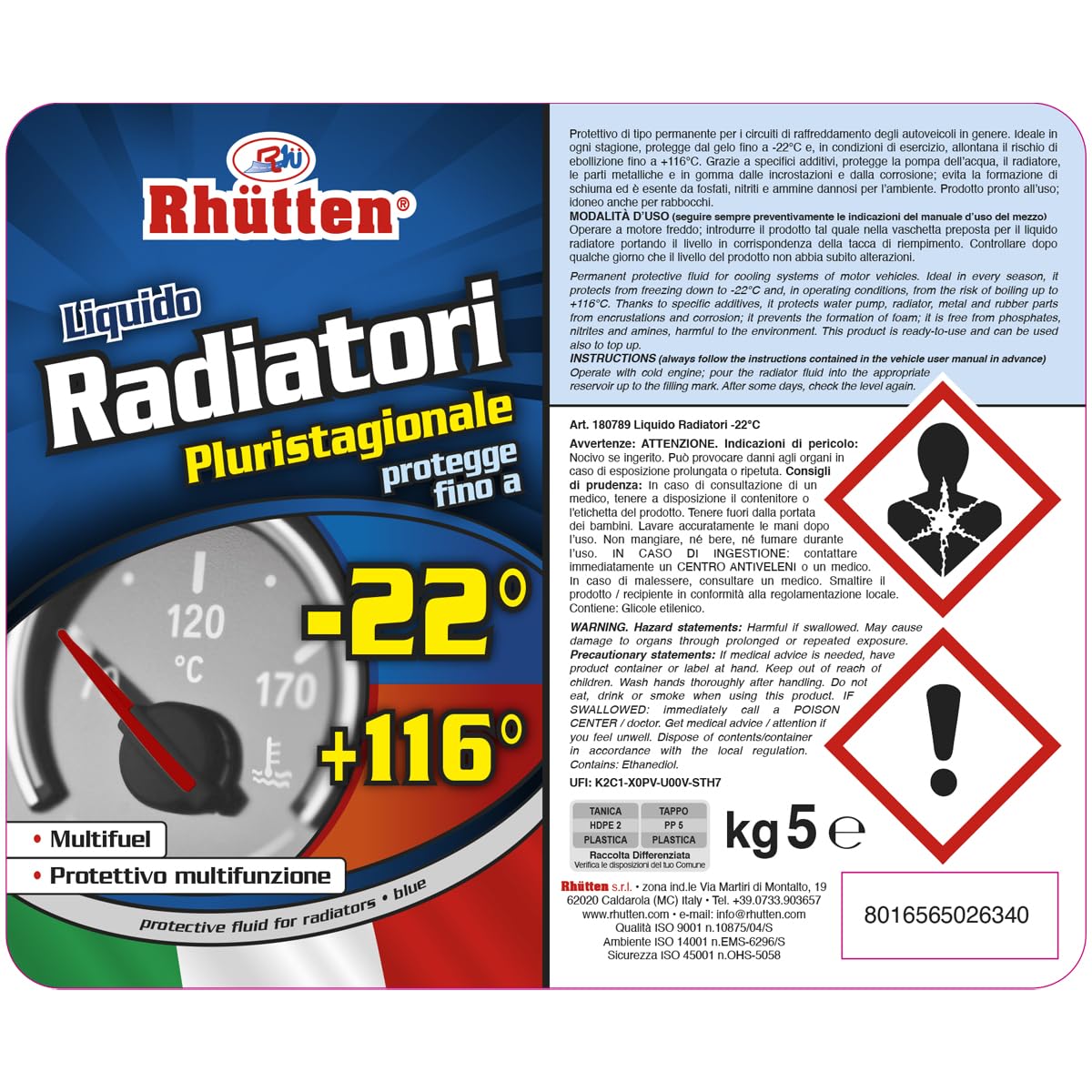 Liquido Radiatori -22°C, Liquido Permanente Tradizionale Blu a Base Glicolica, 5Kg