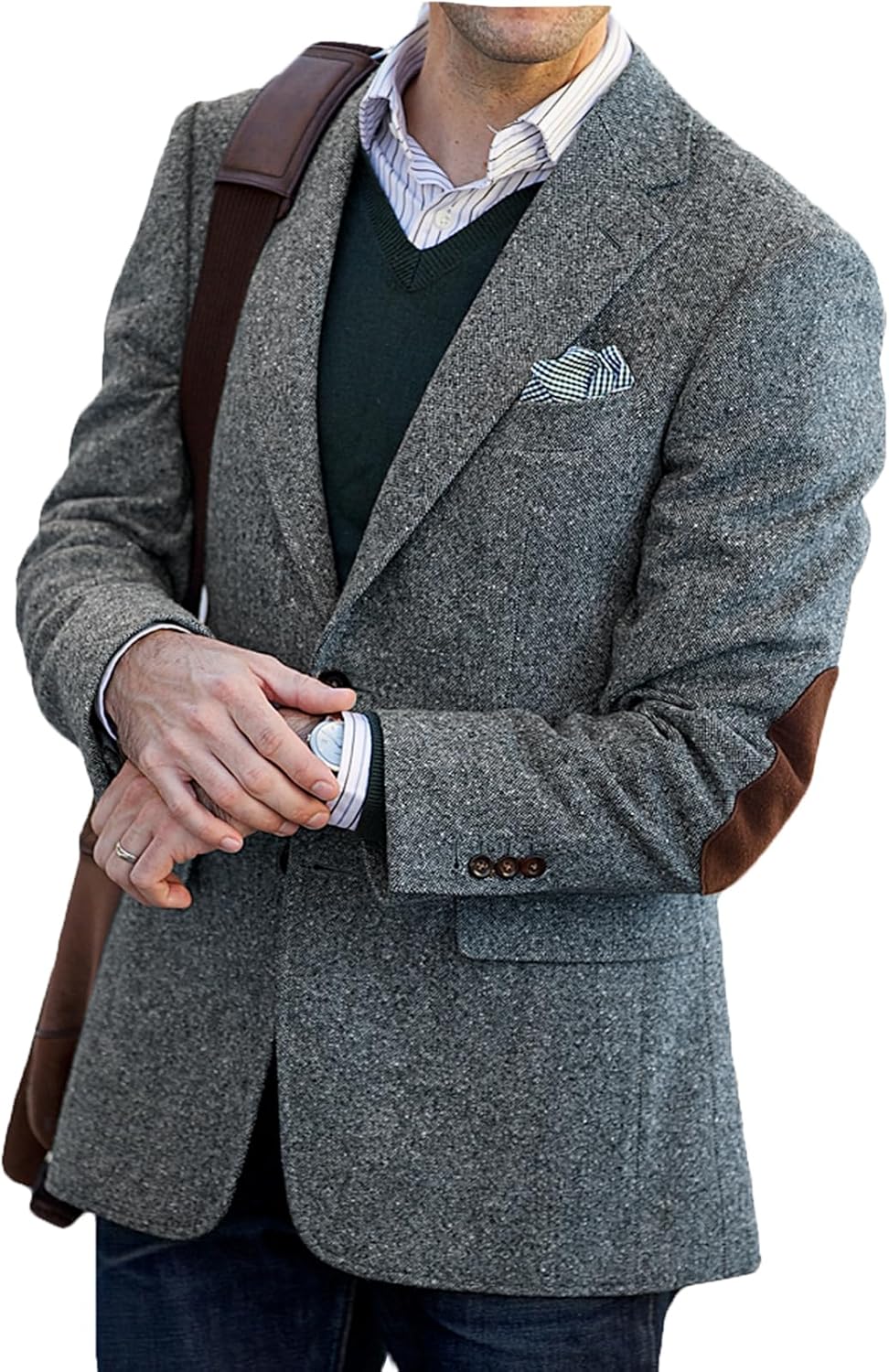 VENNYNG Brown Men’s Tweed Blazer Suit Jacket with Elbow Patches Single Breasted Male Short Vintage Trench Coat