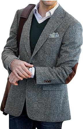 VENNYNG Mens Tweed Blazer Suit Jacket with Elbow Patches Autumn Blazer Male Vintage Short Trench Coat