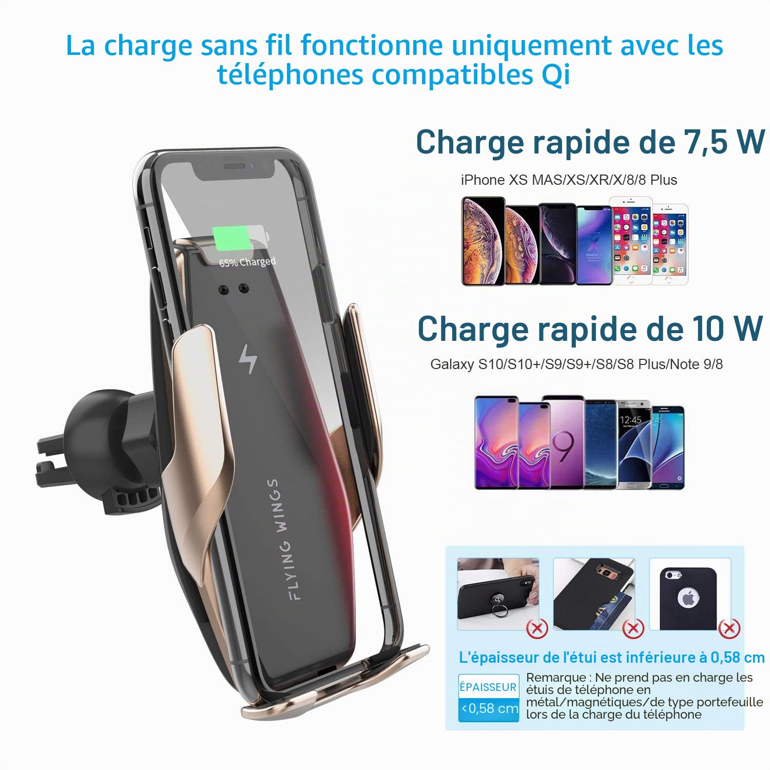 Chargeur sans Fil Voiture 2 en 1 Qi 10W/7.5W/5W Serrage par Induction Automatique Tableau de Bord/Trou d'Aération Porte-téléphone, Compatible avec iPhone 8/8P/X Samsung Galaxy S9+/S8+