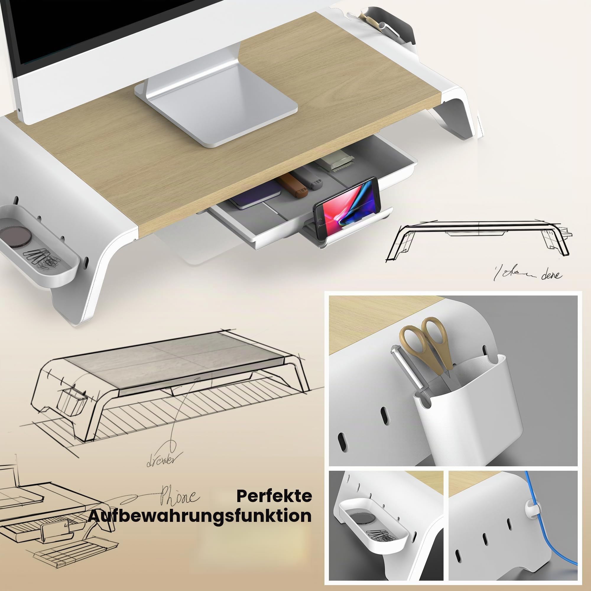Fenge Monitorständer,mit Schublade und Telefonhalter,Buchefarben | Bildschirmständer,Laptopständer,Keine Installation,Mit Stiftschlitz,für Home Office,52x23.5x8.9cm,Tragfähigkeit 25kg