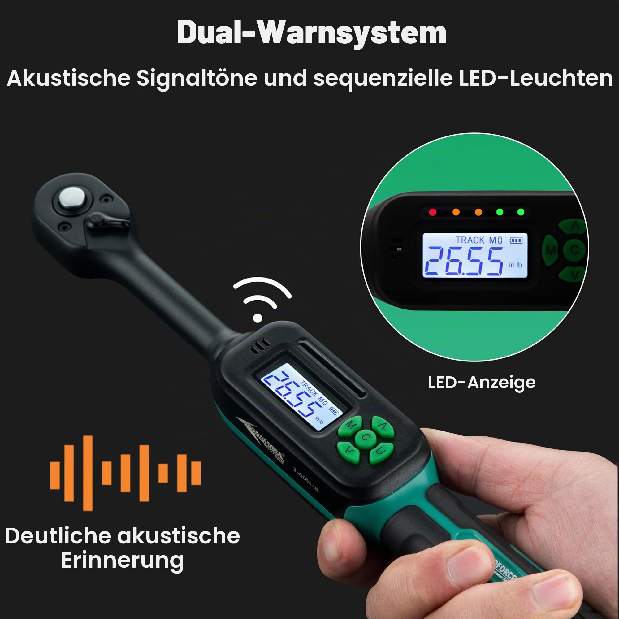 AEROFORCE Digitaler Drehmomentschlüssel - 3/8 Zoll Antrieb Elektrischer Drehmomentschlüssel (3-60Nm), mit bidirektionaler Ratsche, ±2% Genauigkeit, Summer- & LED-Alarmen, 4-Messeinheiten