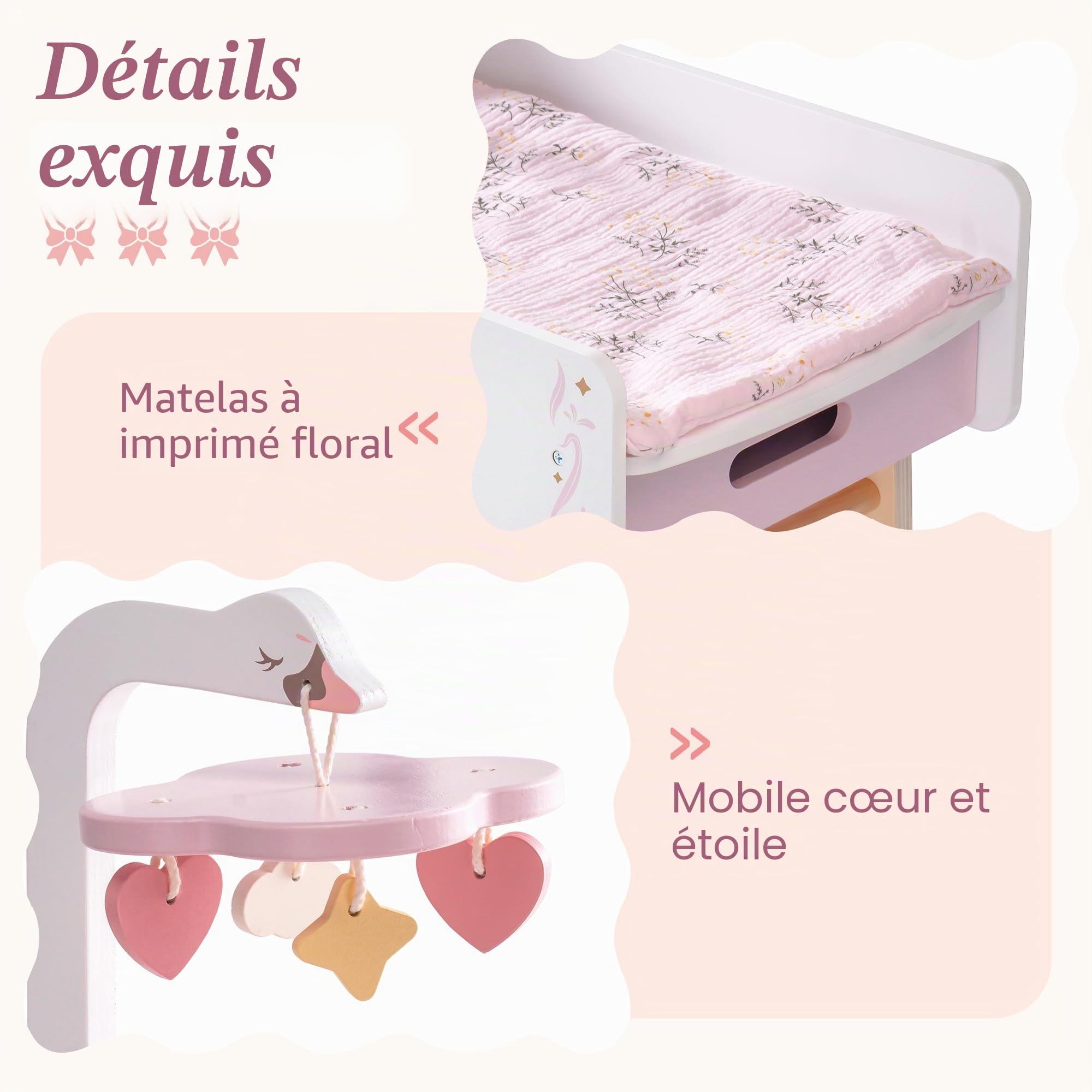 Table de Changement pour Poupée ROBUD avec Chaise Haute pour Poupées de 18 Pouces, Meubles de Poupée en Bois 2-en-1 avec Evier de Toilettage, Rangement, Station de Soins de Poupée pour Jeu de Rôle