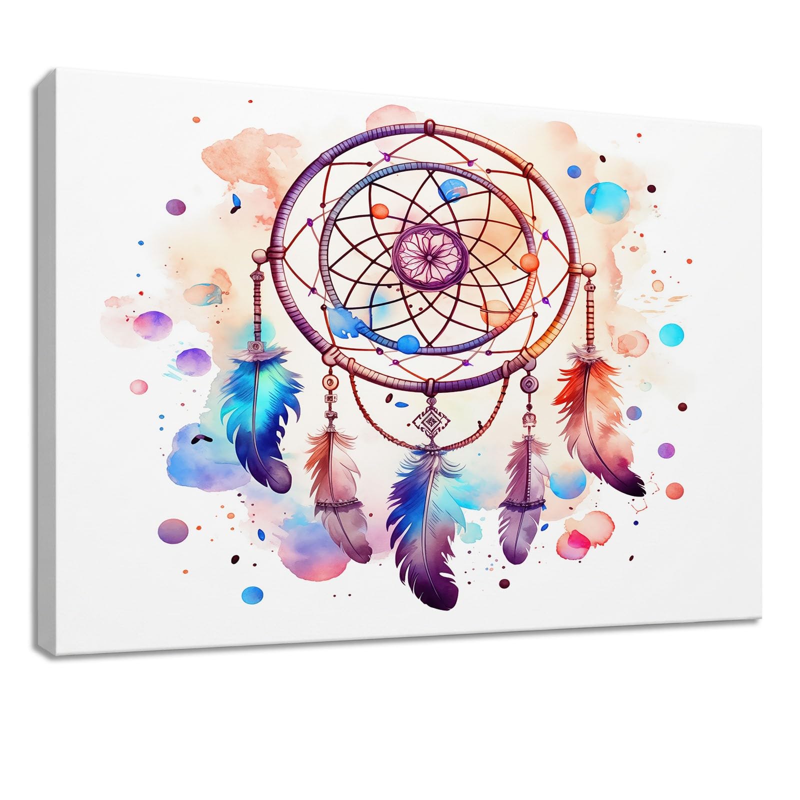 Leinwandbild Bilder 90 x 60 cm Bohème Wanddeko, Weiß Traumfänger Feder Kunstdruck, Wandbilder für Wohnzimmer, Schlafzimmer & Esszimmer