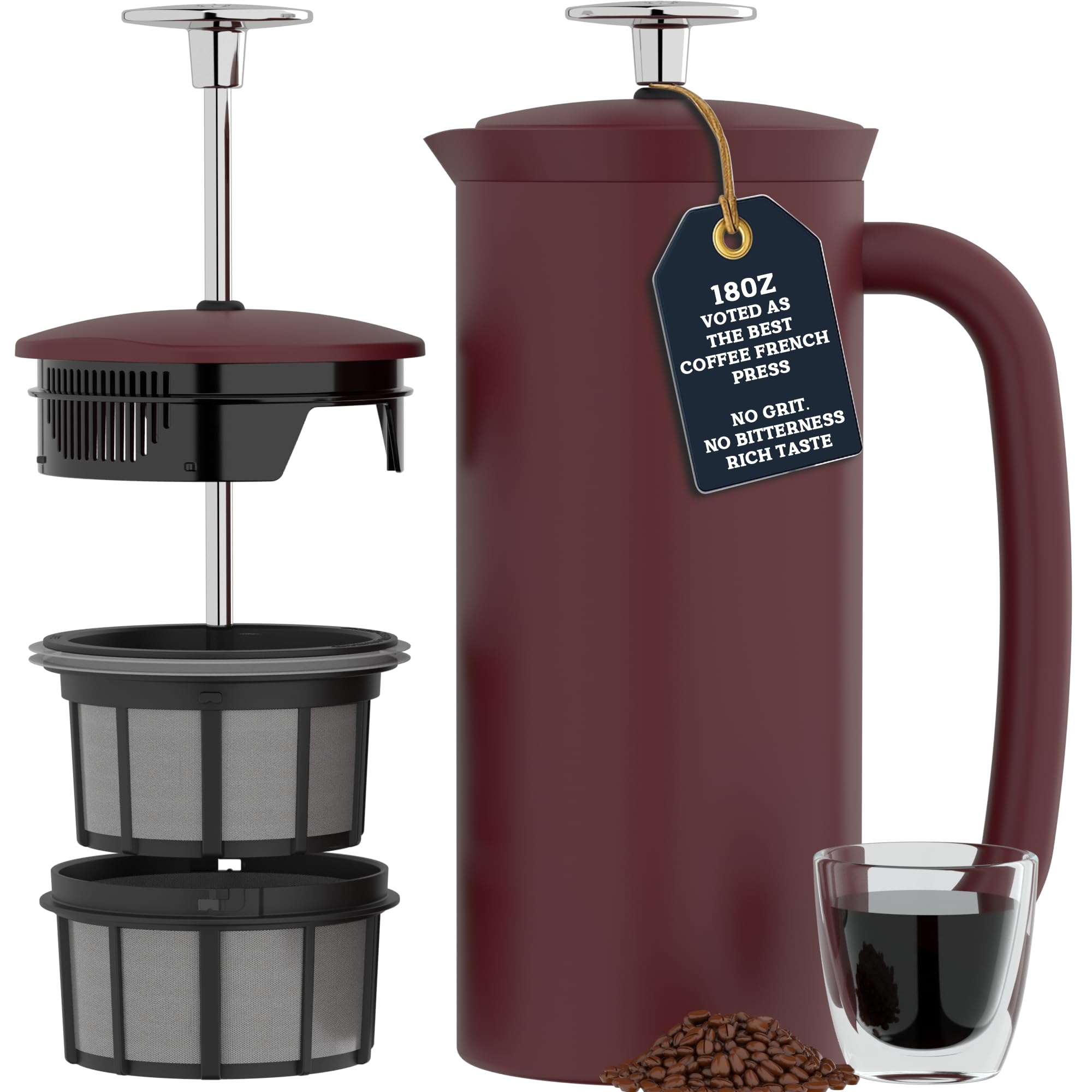 ESPRO P7 French Press Stainless Steel 304 – Patented Double Walled Micro-Filter Insulated French Press Coffee Maker, Grit-Free Brew - Heat Resistant BPA Free - Cranberry (18oz)