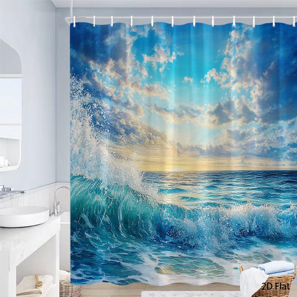 Glwdmb F-18 1 Piece 150X180cm Ocean Wave Printed Shower Curtain With Hook, Polyester, For Windows And Walls, Bathtub, Bathroom, Machine Washable, All Season Universal
