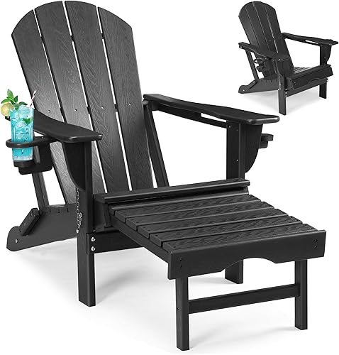 Rengue Silla Adirondack plegable con otomana retráctil, silla de patio con soporte para tazas, silla de hoguera con textura de madera, resistente a