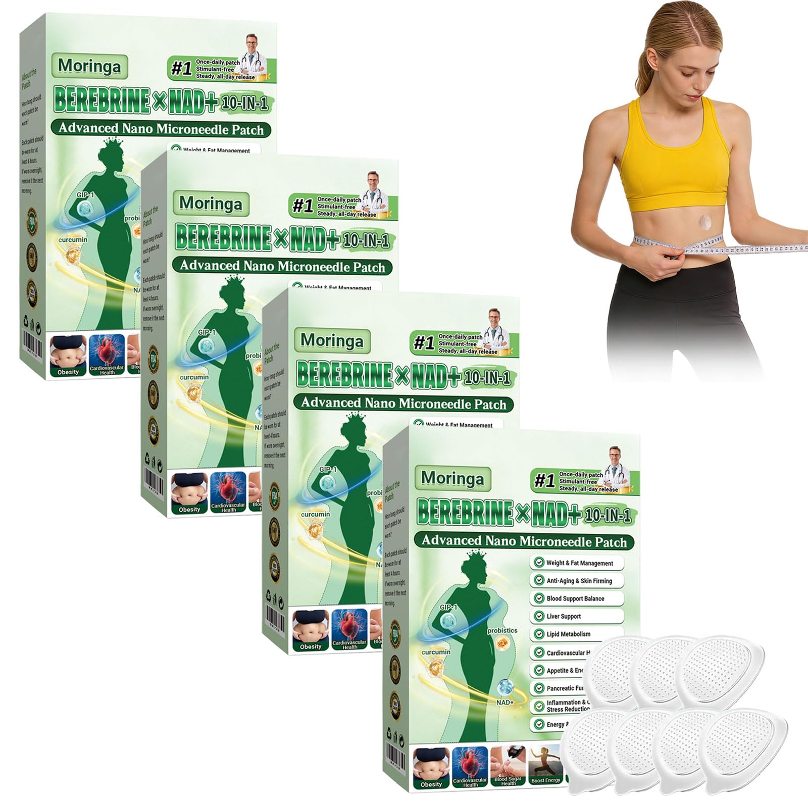 4 Cajas Moringa x Berberine Patch 10 en 1, Parche Avanzado de Nano Microagujas, Ingredientes Naturales, Parche de Metabalance Profesional, Fácil de Aplicar, para Hombres y Mujeres (4 Cajas) - 1