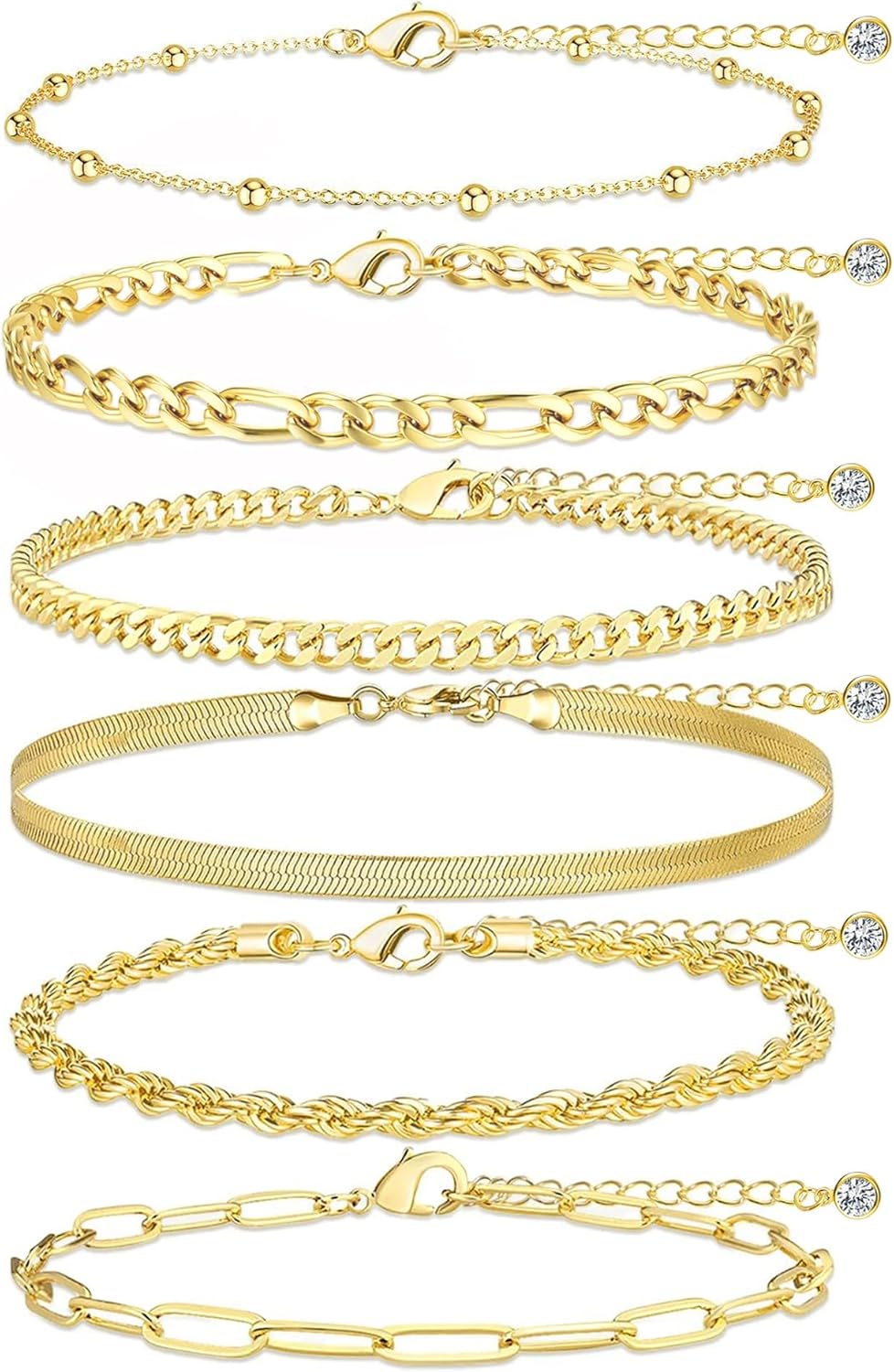 Gold Chunky Stack Bracelets for Women Non Tarnish, 14K Gold Plated Bracelets Set for Women Stackable, Waterproof Layered Trendy Dainty Cuff Cuban Link Chain Paperclip Bracelet Pack for Jewelry Gifts