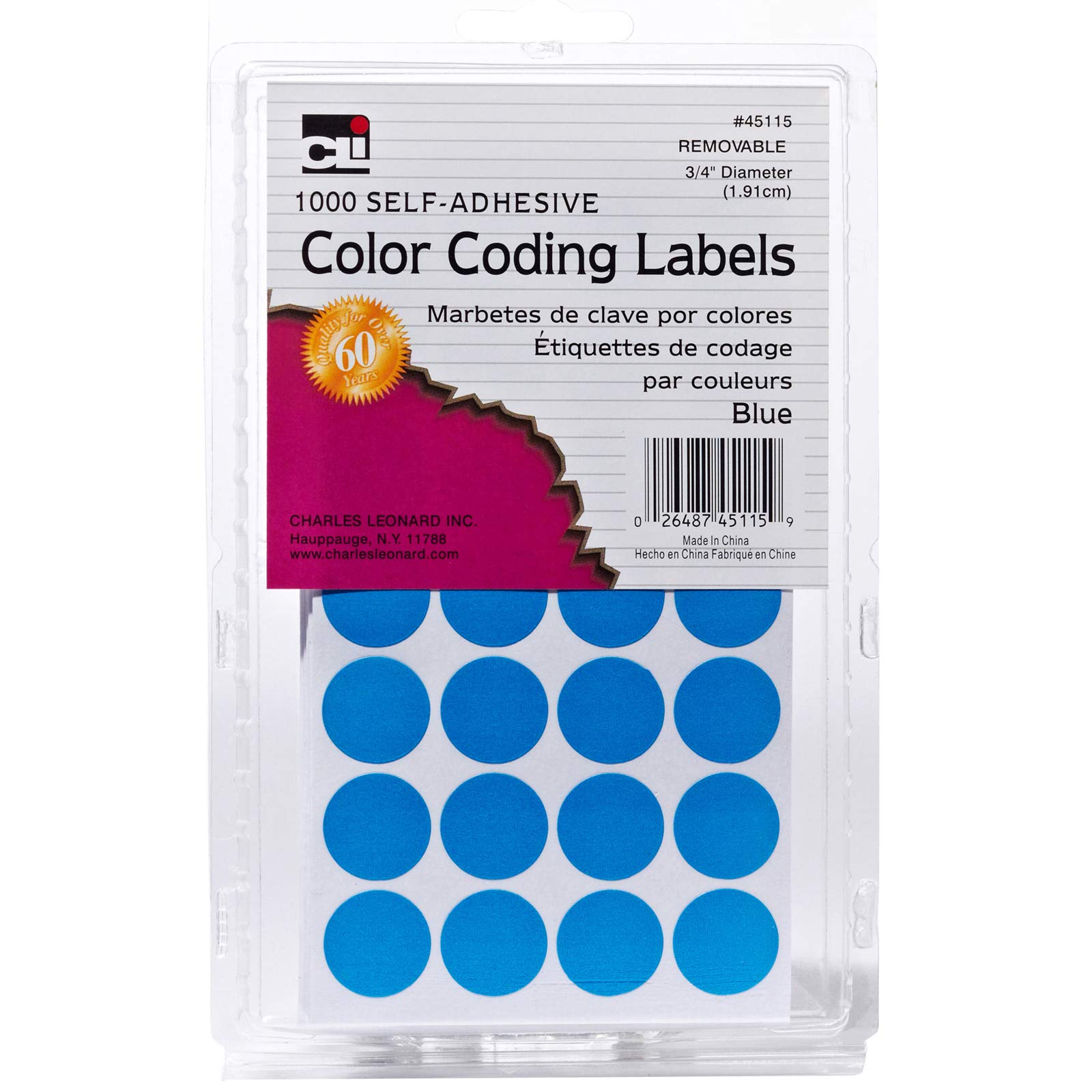 Charles Leonard Inc. 45115 - Etichette con punti di codifica a colori, diametro 1,9 cm, colore: blu, 1000 per scatola