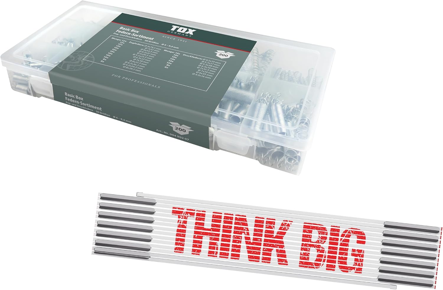 TOX Set with Spring Assortment 200 Pieces + Think Big 3 m Ruler Tension Springs and Compression Springs in 20 Sizes and Transport Box Diameter 4.0 - 9.5 mm Length 10 - 79.5 mm + Metre Rod 094909157