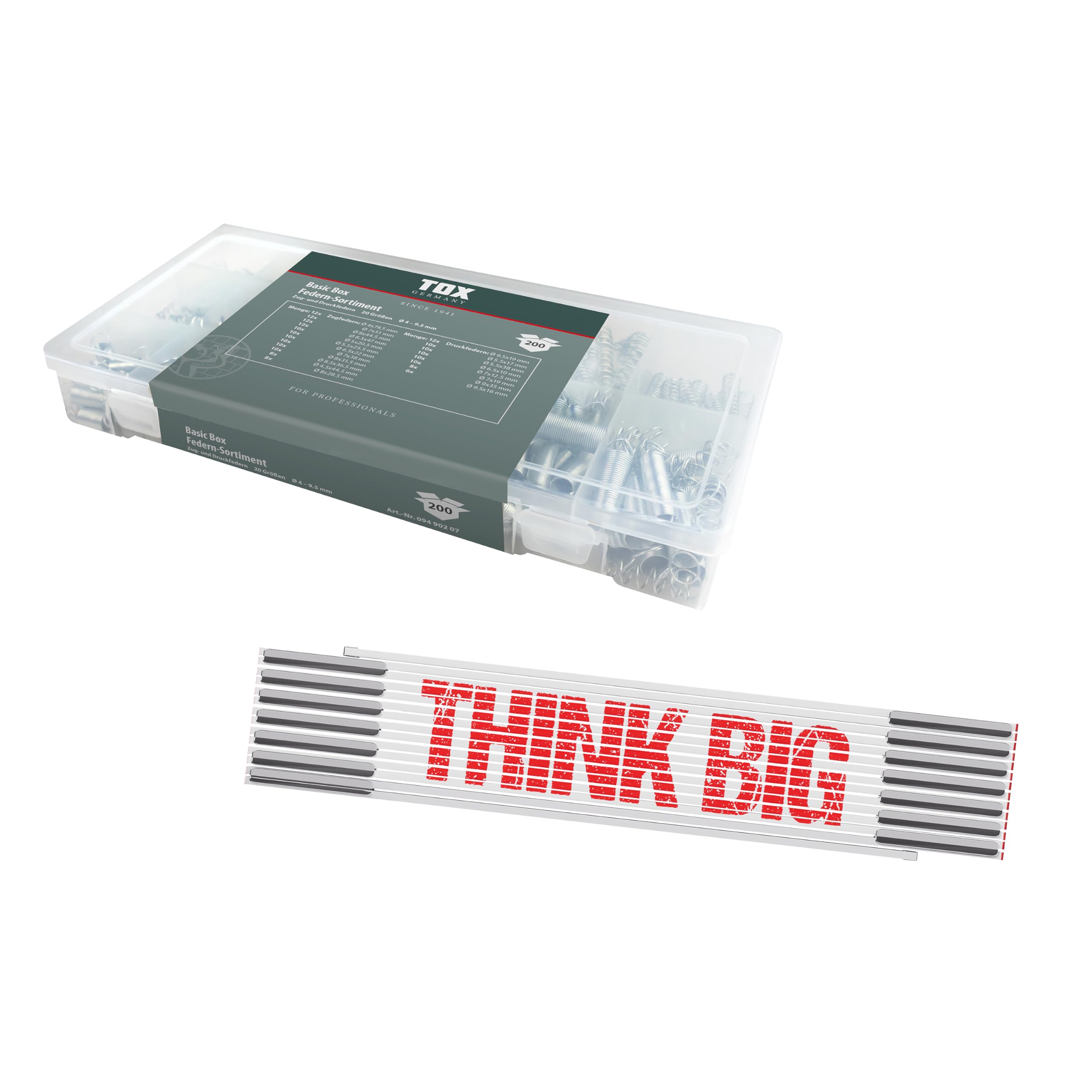 Kit TOX 200 pièces avec mètre pliant 3m et assortiment de 20 tailles de ressorts de traction