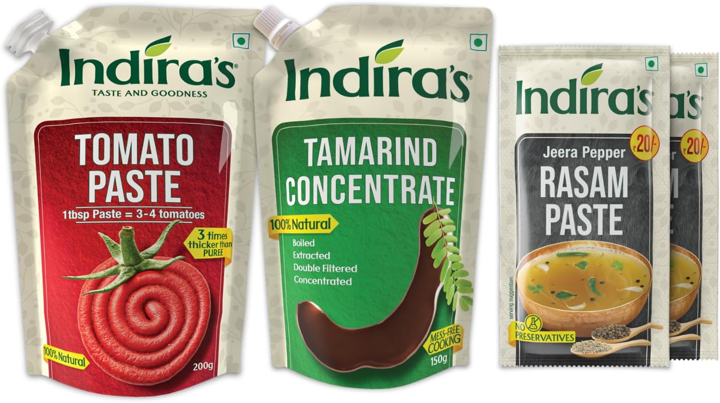 - Indira's Cooking Paste Combo: Tamarind Concentrate 150g, Tomato Paste 200g, Pepper Rasam (50gX2)