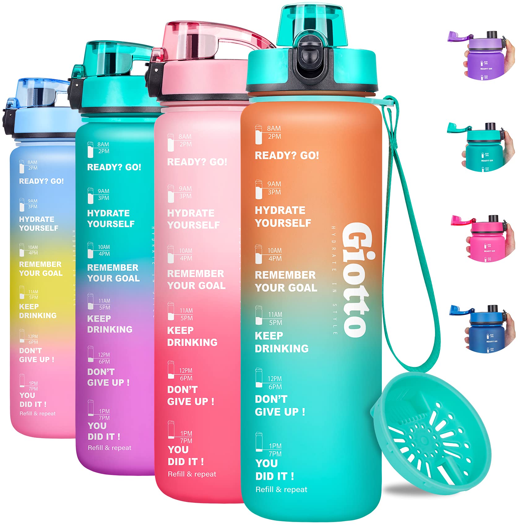 Giotto 32oz Motivational Water Bottle with Times & Removable Strainer to drink, Resuable Leakproof BPA Free Sports Water Jug to Remind You Drink More Water