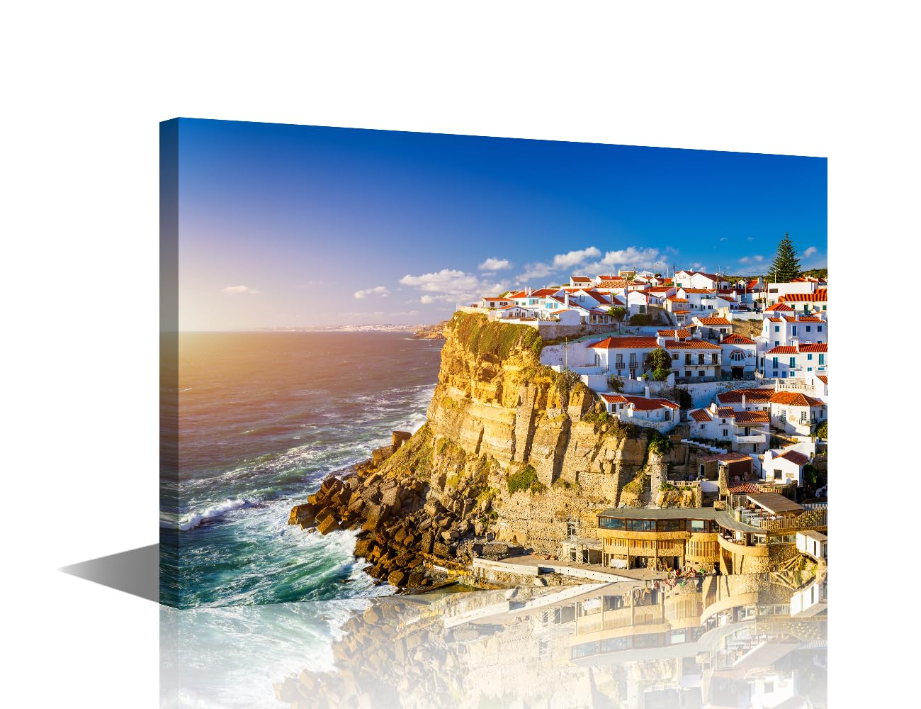 Azenhas do Mar Canvas Wall Art for Bedroom Sintra, Portugal Wall Art for Living Room Azenhas do Mar white Village Wall Art Decor Modern Artwork for Home Walls Framed Ready to Hang (12''Wx 18''H)