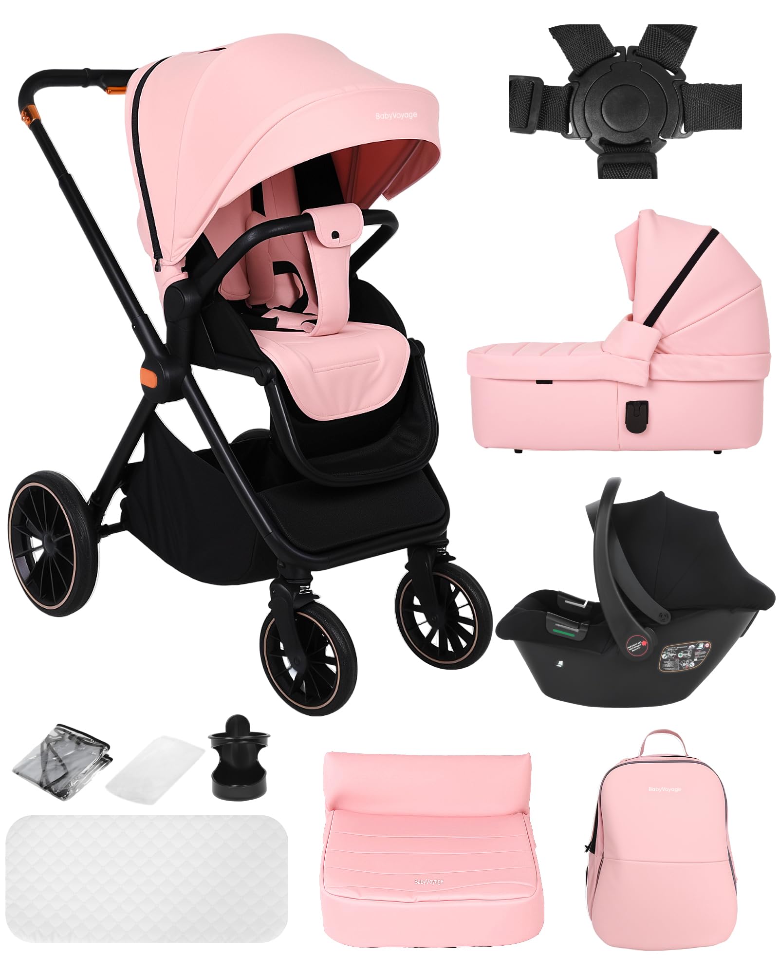Carrito bebe 3 en 1, carro bebe con dos modos deslizantes reversibles, silla de paseo con marco de aleación de aluminio, juego completo 3 en 1 diseño plegable con un solo toque-Rosa