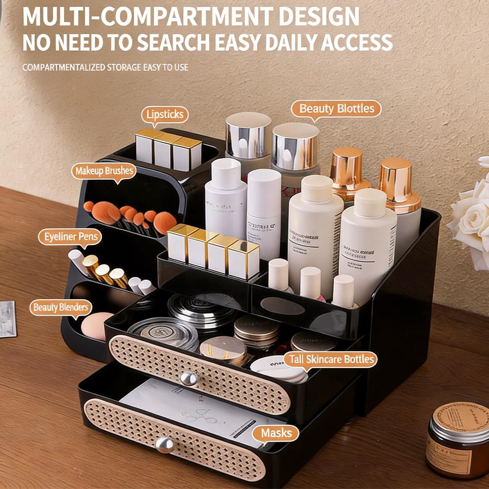 Organizer per trucchi con 2 cassetti, organizer per la cura della pelle, antiscivolo, porta pennelli per cosmetici, profumi, palette di ombretti, smalti per unghie
