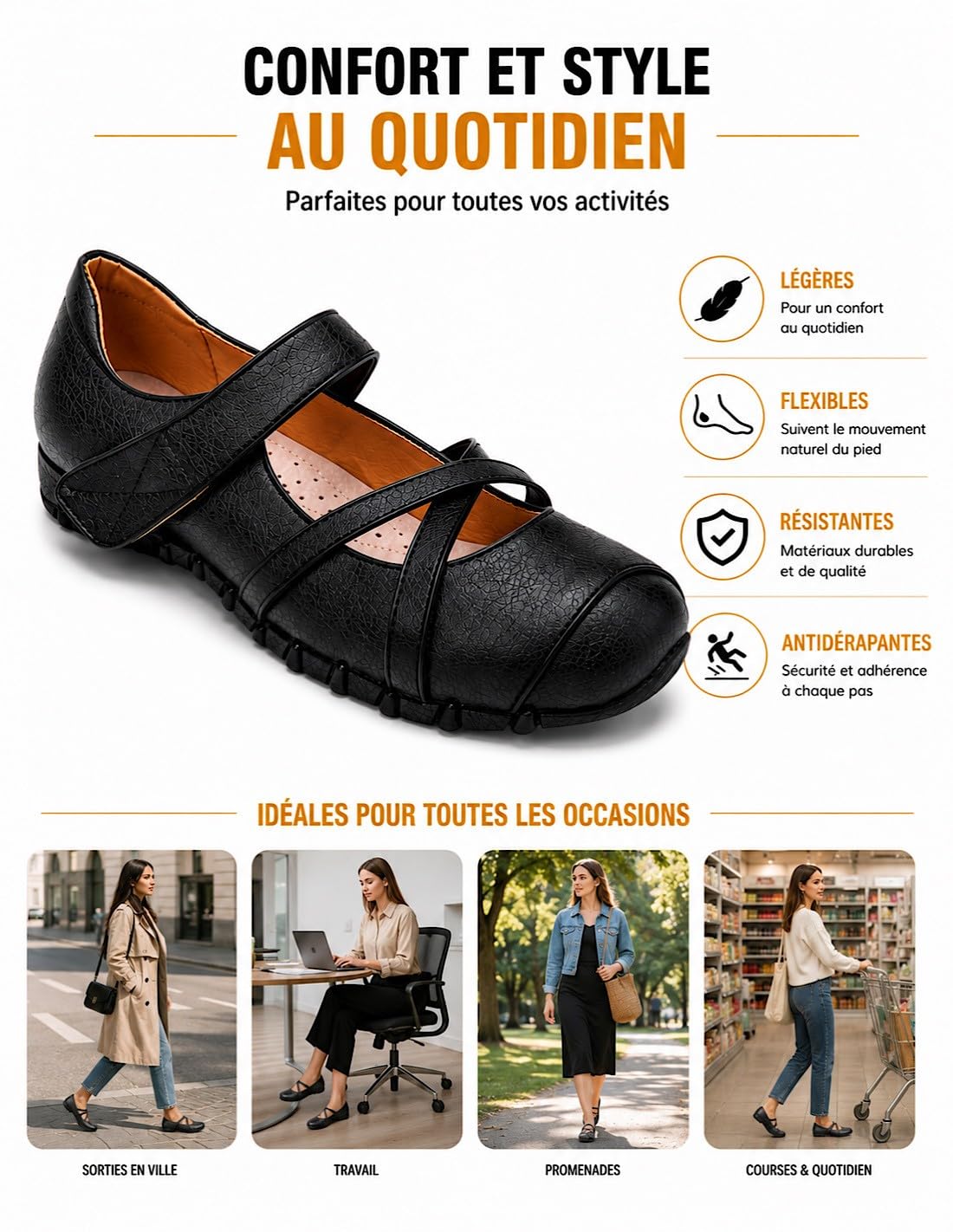 Chaussures Confort Femme Grande Pointure 41-44 Style Ballerines Confortables orthopédiques Semelle Cuir