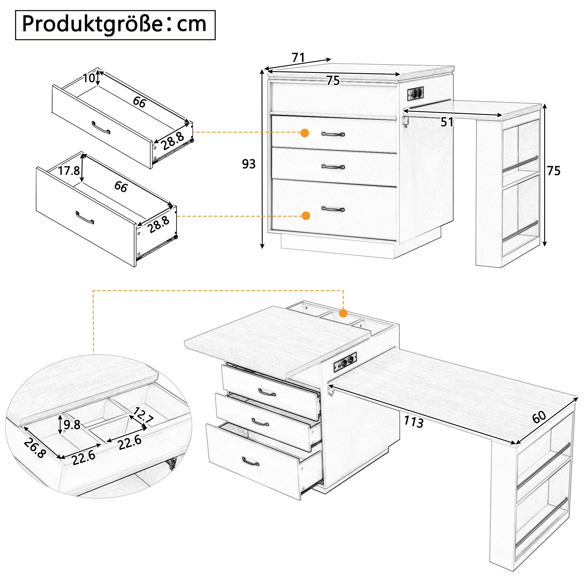 Kebnor Kücheninsel mit Rollen, Ausziehbarer Esstisch mit LED-Beleuchtung, Küchentisch mit Steckdosenleisten, dient als Kücheninsel, Anrichte, Sideboard oder Bartisch für Küche und Esszimmer (Weiß)