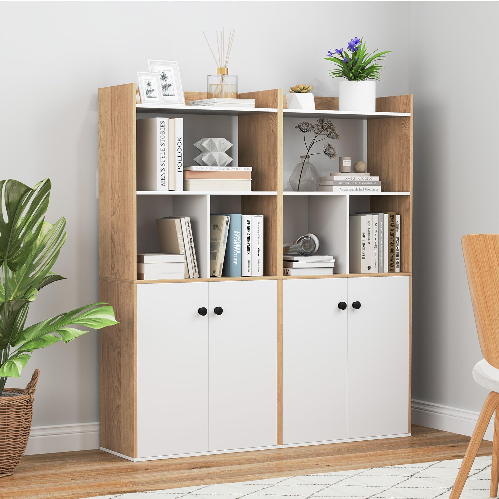 COSTWAY Estantería para Libros, Librería con Gabinete de 2 Puertas, Estantería Alto de 3 Niveles, Almacén Cocina para Sala de Estar, Dormitorio, Estudio, Cocina, 60 x 30 x 133 cm (Blanco y Natural)