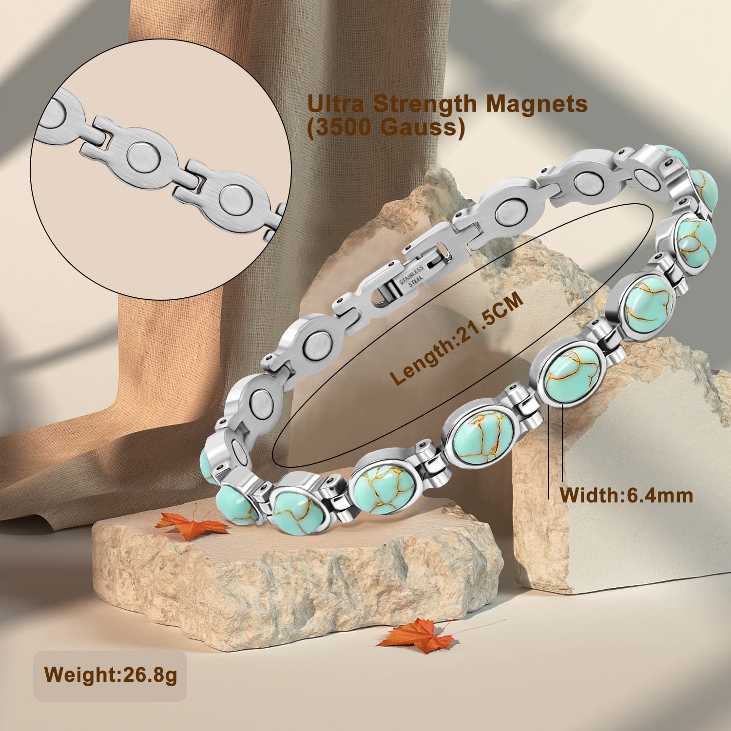 Bracelet magnétique pour femme turquoise, élégant bracelets magnétiques en pierre bracelet fermoir en acier inoxydable bracelet magnétique pour femme 3500 gauss