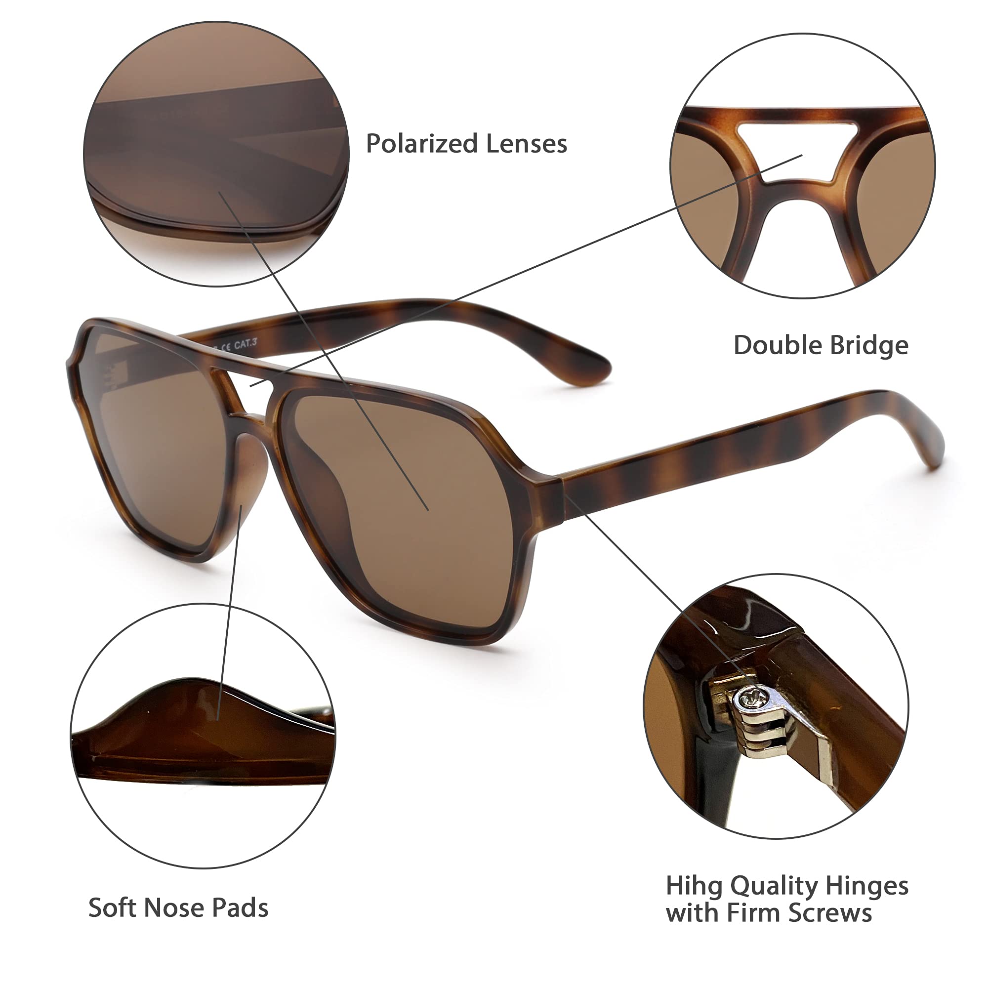 Gafas de sol polarizadas estilo aviador para hombre y mujer, gafas cuadradas de gran tamaño, Marco de tortuga/lente marrón polarizado 3