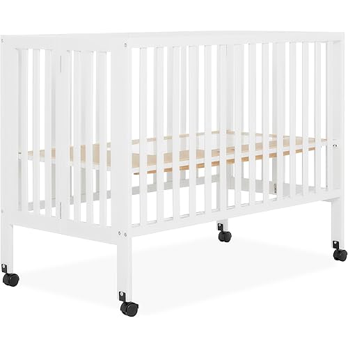 Dream On Me Quinn Full-Size Portable Baby Crib in White, GreenGuard Gold & JPMA, Patented Quick Fold System, Adjustable Mattress Support, Smooth Wheels, Compact Design, Safe Sleep Assurance
