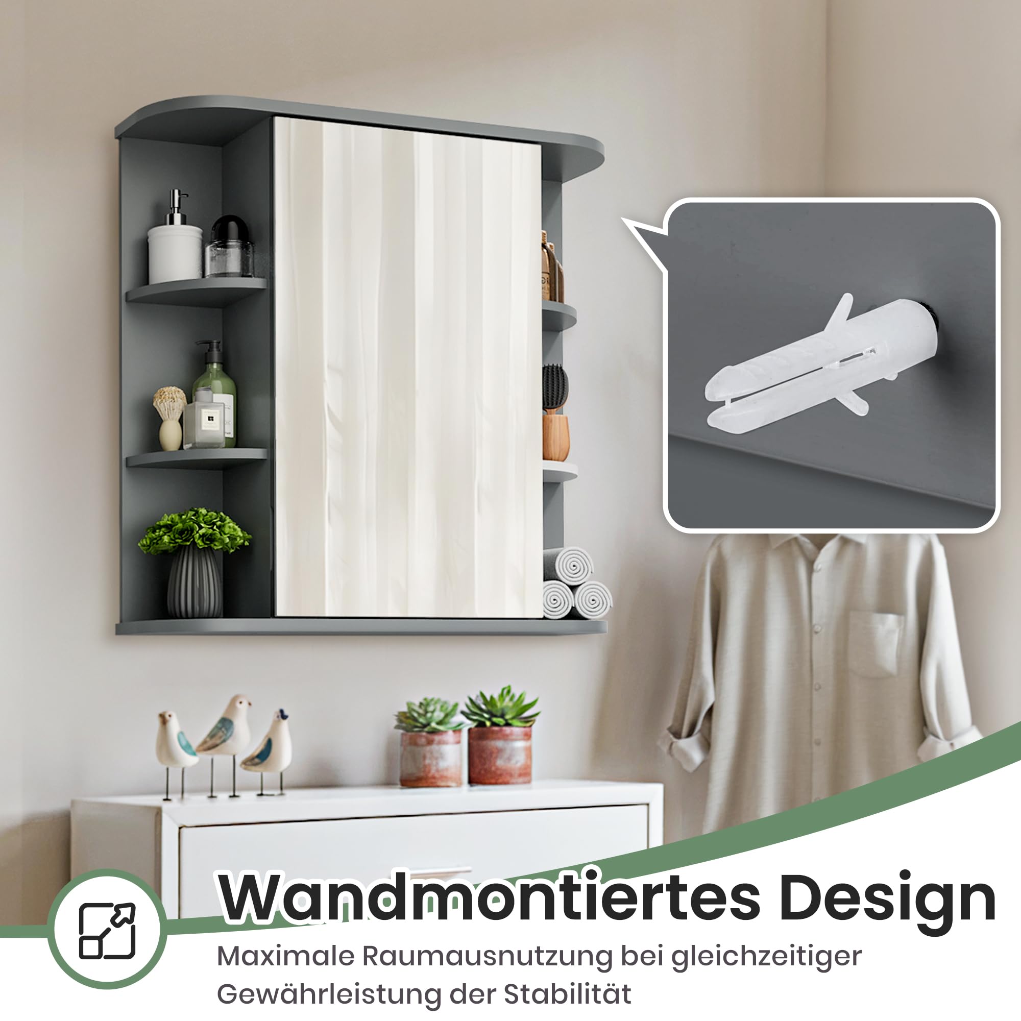 Pamapic Spiegelschränke fürs Bad, Badezimmerschrank mit Spiegel, Hängeschrank Badezimmer mit verstellbaren Ablagen, Schrank mit Badezimmerspiegel, Wandschrank,67,5 x 60 cm, Grau
