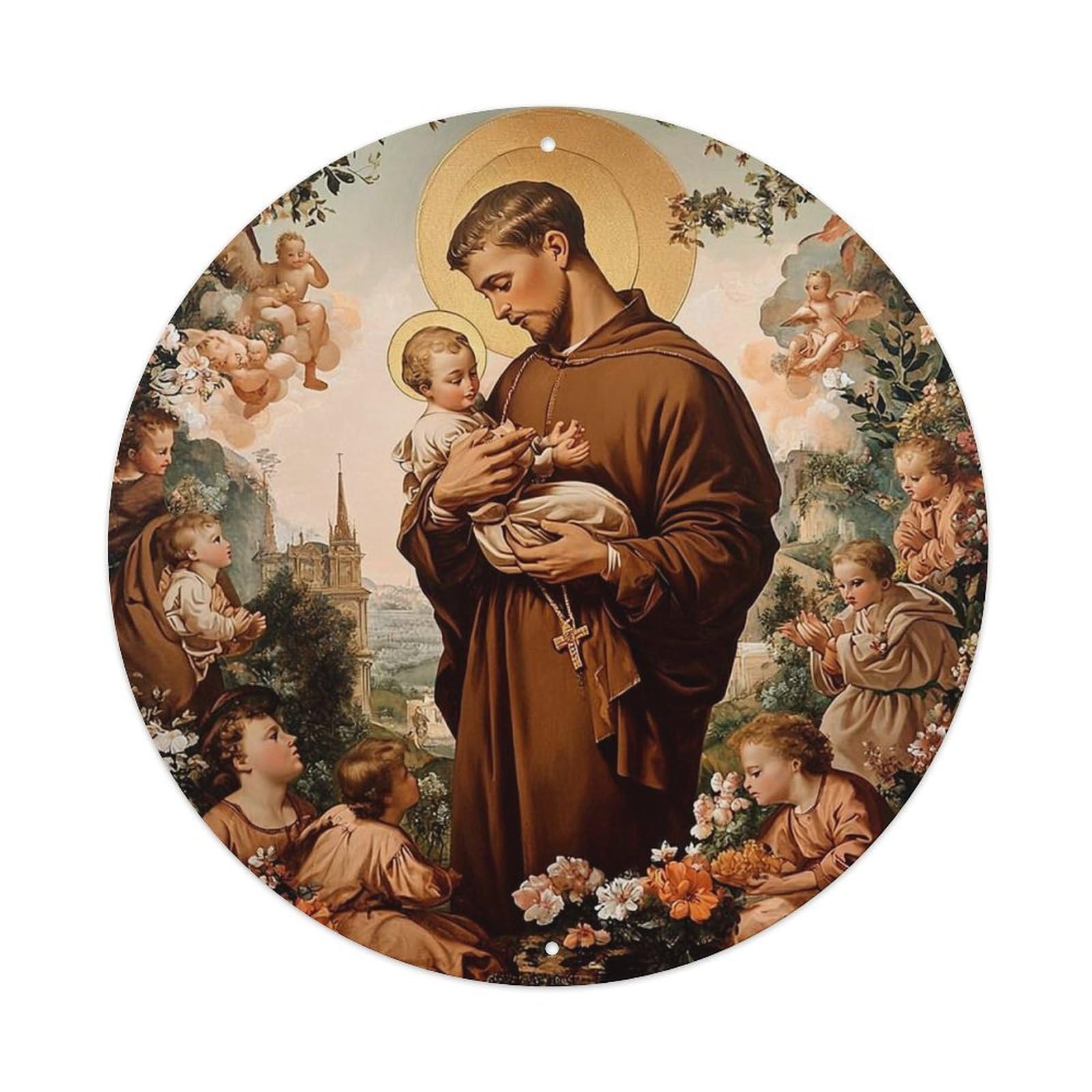 Saint Holding Baby Jesus Painting_1 Vintage Metal Tin Sign Retro Wall Decor for Home Bar Garage Cafe, Indoor & Outdoor Decorative，circle Metal Poster, 8x8 Inch