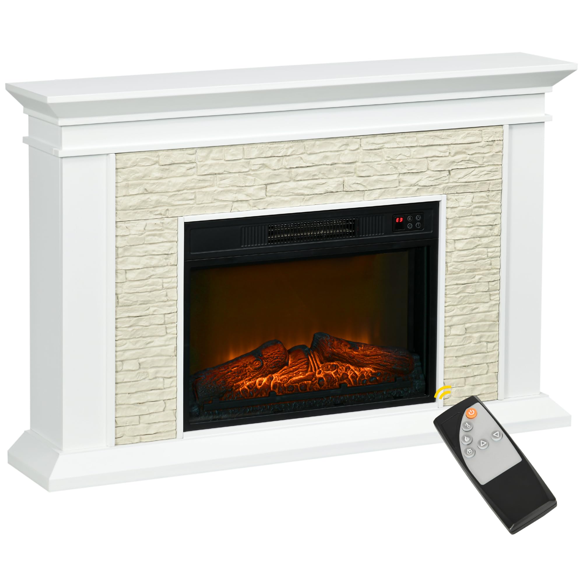 HOMCOM Chimenea Eléctrica con Calefacción 1800W Chimenea Decorativa Bajo Consumo Efecto de Llama Control Remoto Temporizador Semanal y Protección Sobrecalentamiento hasta 30 m² 120x24x80 cm Blanco