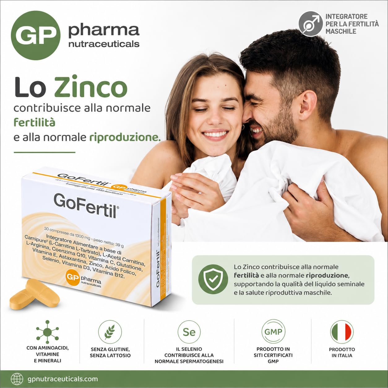 GoFertil® GP Nutraceuticals Integratore Fertilità Maschile, L-Carnitina Carnipure®, Arginina, Coenzima Q10, Zinco, Selenio, Glutatione, Astaxantina, Vitamine C E D3 B12, potenzia la fertilità