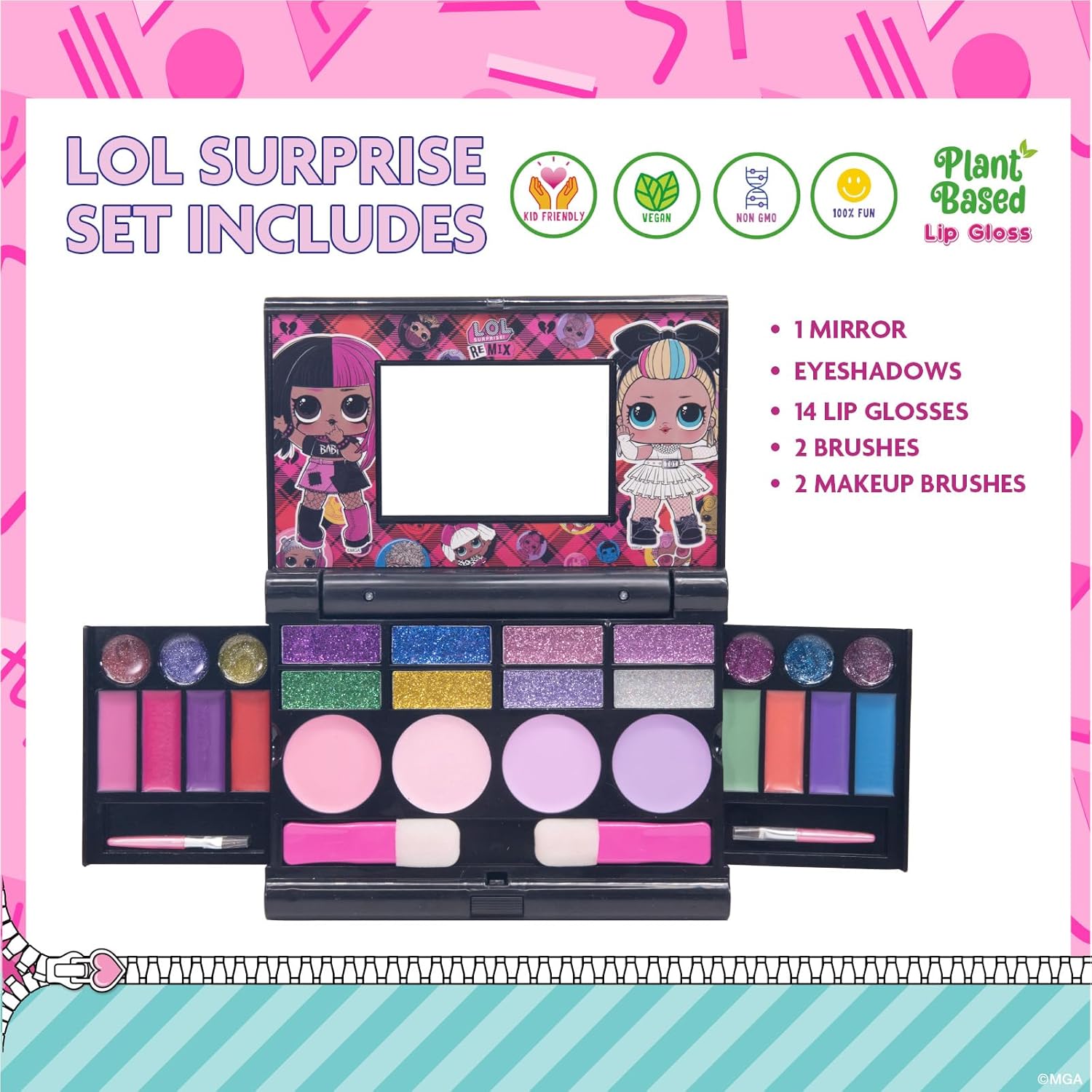 L.O.L Surprise! All-in-One Kids Cosmetic Compact Set Includes Washable Lip Gloss, Eye Shimmer, Cheek Shimmer, Brushes Colorful Portable Beauty Set for Girls, Kids, and Toddlers Ages 3+ by Townley Girl
