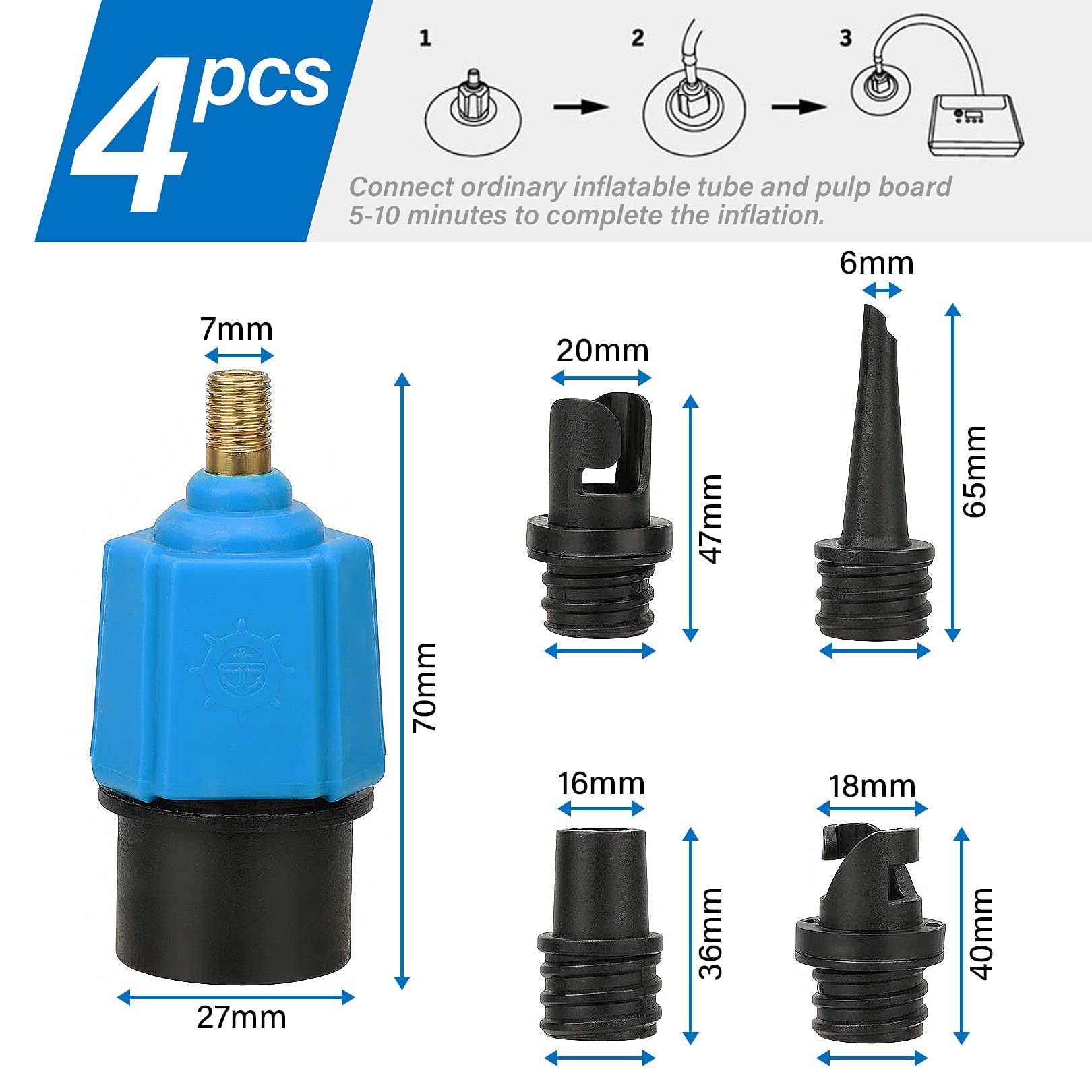 4 Nozzle Sup Pump Adaptor Kit - Air Pump Converter for Boat Air Valve Kayak, Paddle Board, Inflatable Bed, Boat, Dinghy, Yacht - BLUE - Image 3