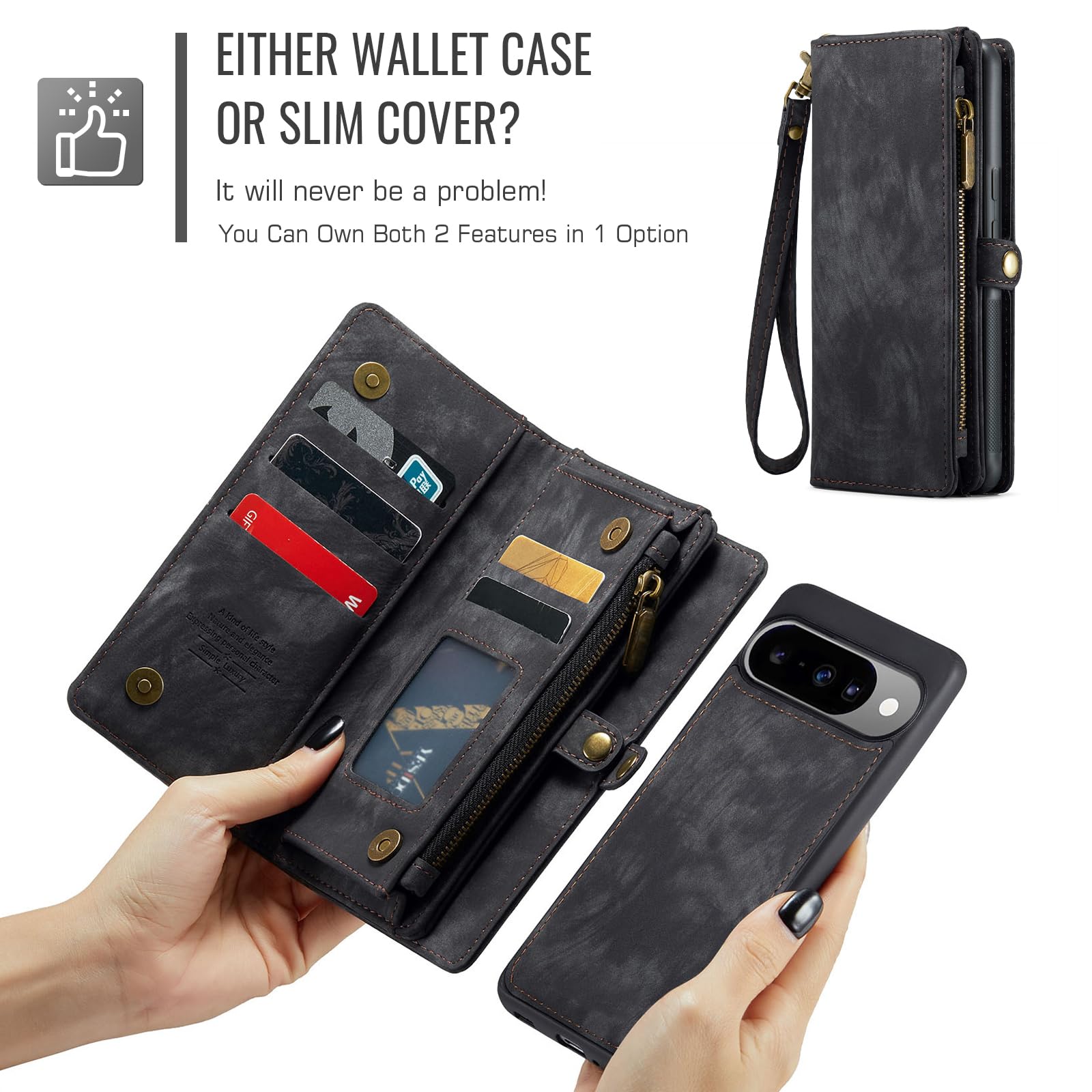 Asuwish Custodia per telefono per Google Pixel 10/10 Pro 5G Portafoglio con cerniera magnetica rimovibile con pellicola protettiva in vetro temperato e porta carte di credito cellulare Pixel10 10Pro