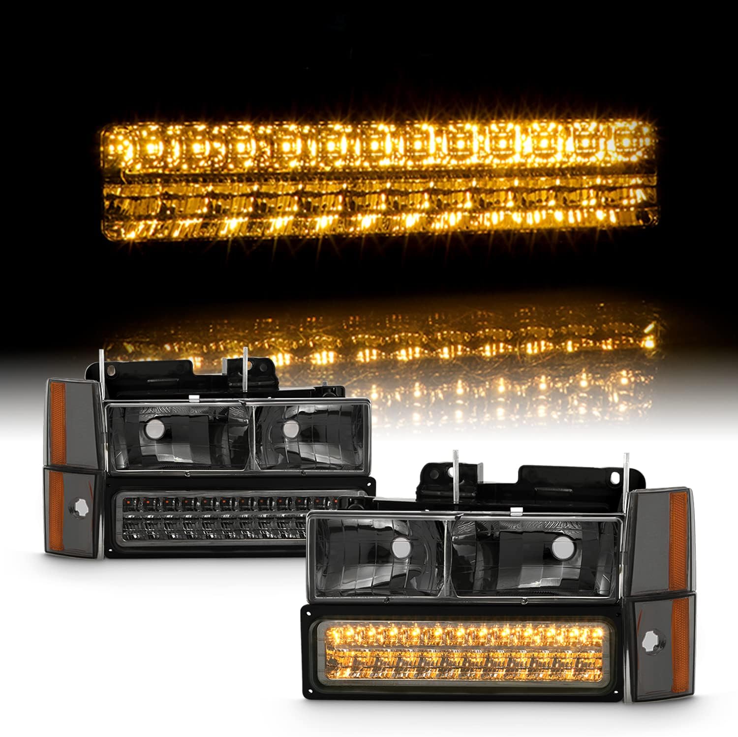 AKKON - For Chevy C/K Series Silverado Suburban Tahoe Pickup Truck Chrome Housing Headlight + LED Bumper + Corner Light Set