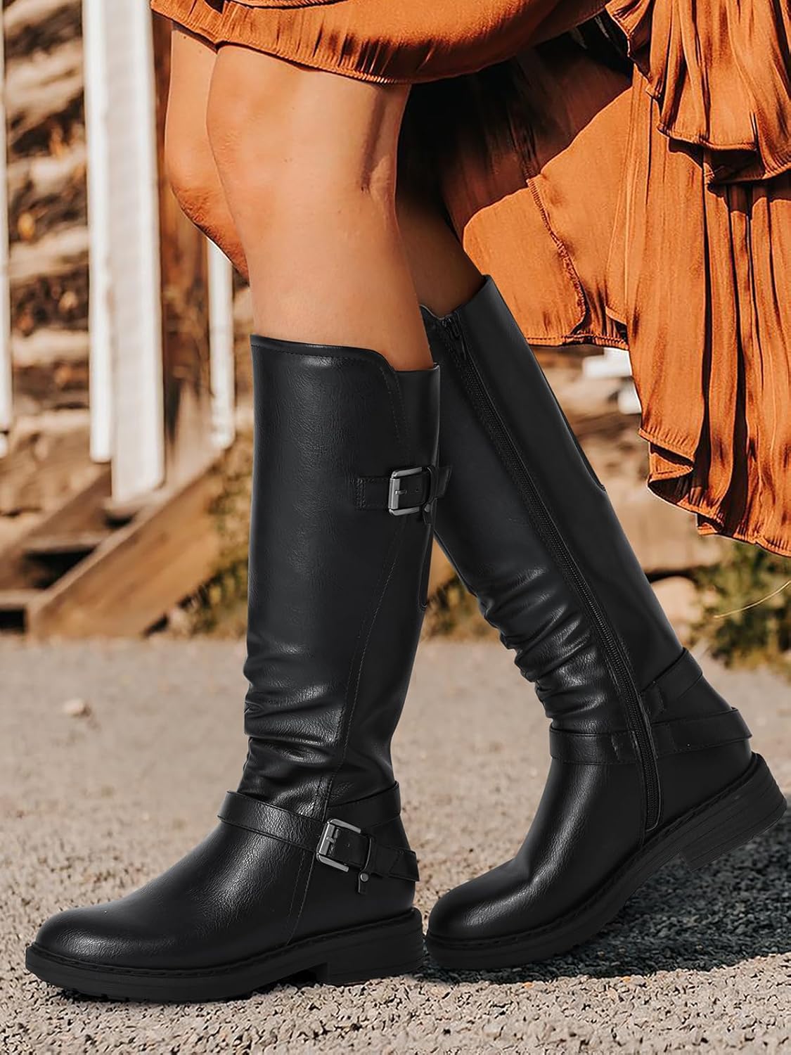 SHIBEVER Women's Knee High Boots Comfortable Round Toe Low Heel Tall Booties with Side Zipper Fall Winter Dressy Shoes