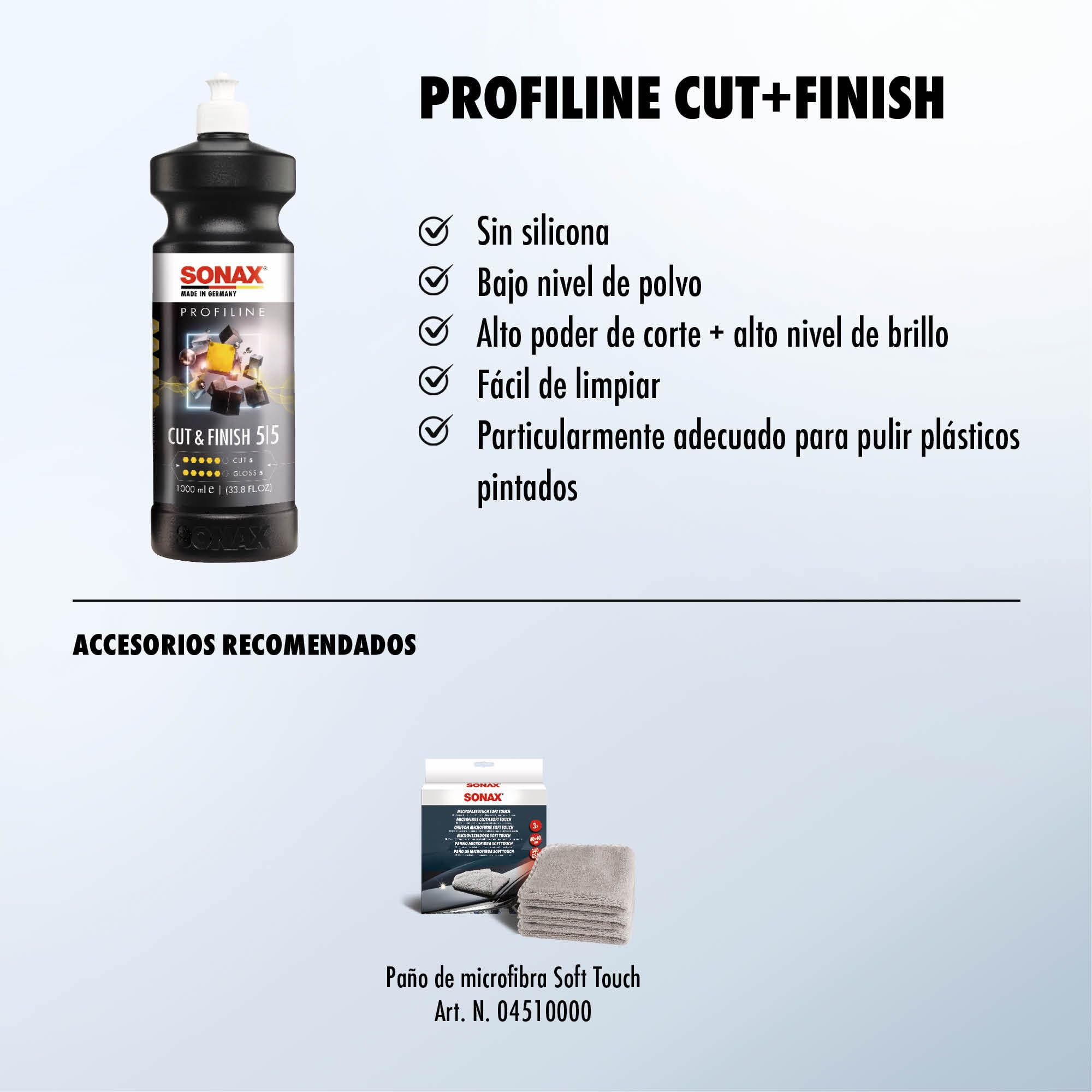 SONAX PROFILINE Cut+Finish (1 Litro) Pulimento abrasivo para eliminar inclusiones de polvo, nieblas de pintura y huellas de lijado más profundas | N.° 02253000