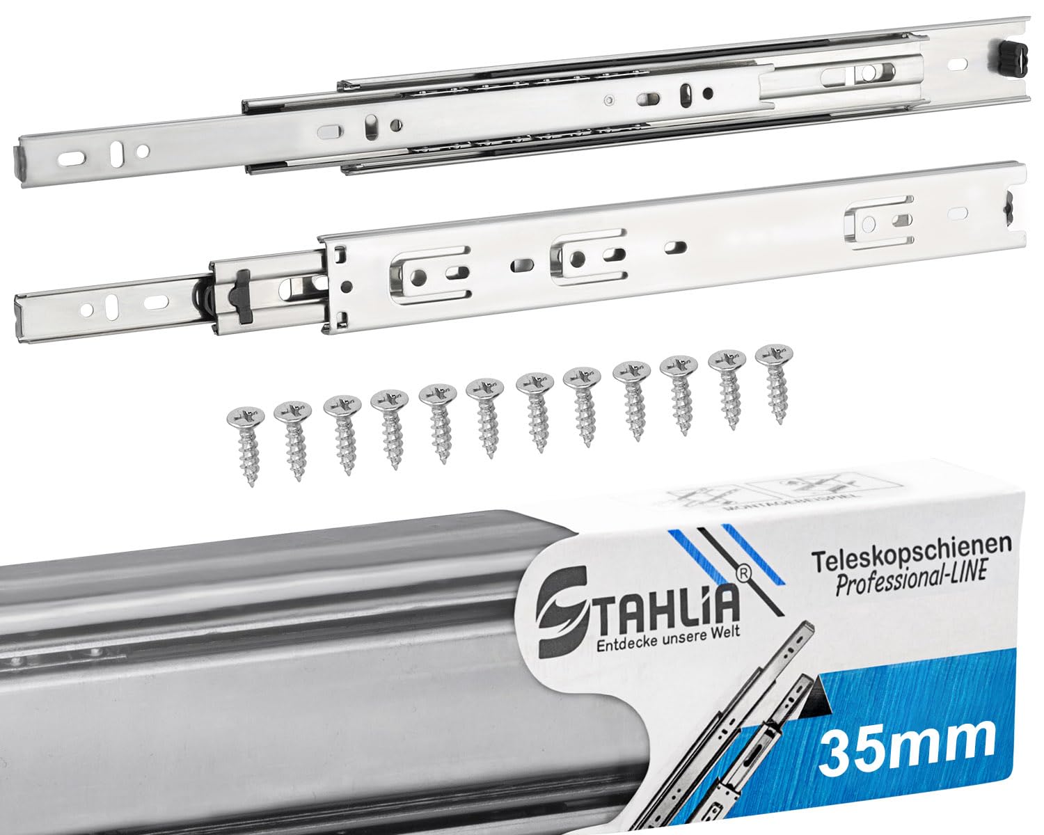 Stahlia 5 par szyn do szuflad 35 mm - długość: 450 mm pełny wysuw szuflada teleskopowa | wysuwana szuflada do szuflad, mebli kuchennych, szafek kuchennych, biurka, mebli łazienkowych