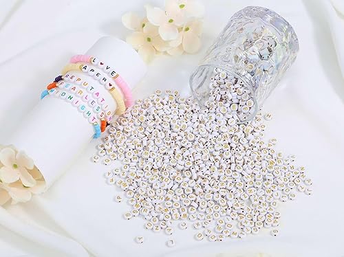 Miniatura 2 de 1500 cuentas de letras acrílicas del alfabeto, letras doradas, cuentas redondas blancas de 0.27 x 0.18 pulgadas para joyería, pulseras, collares,