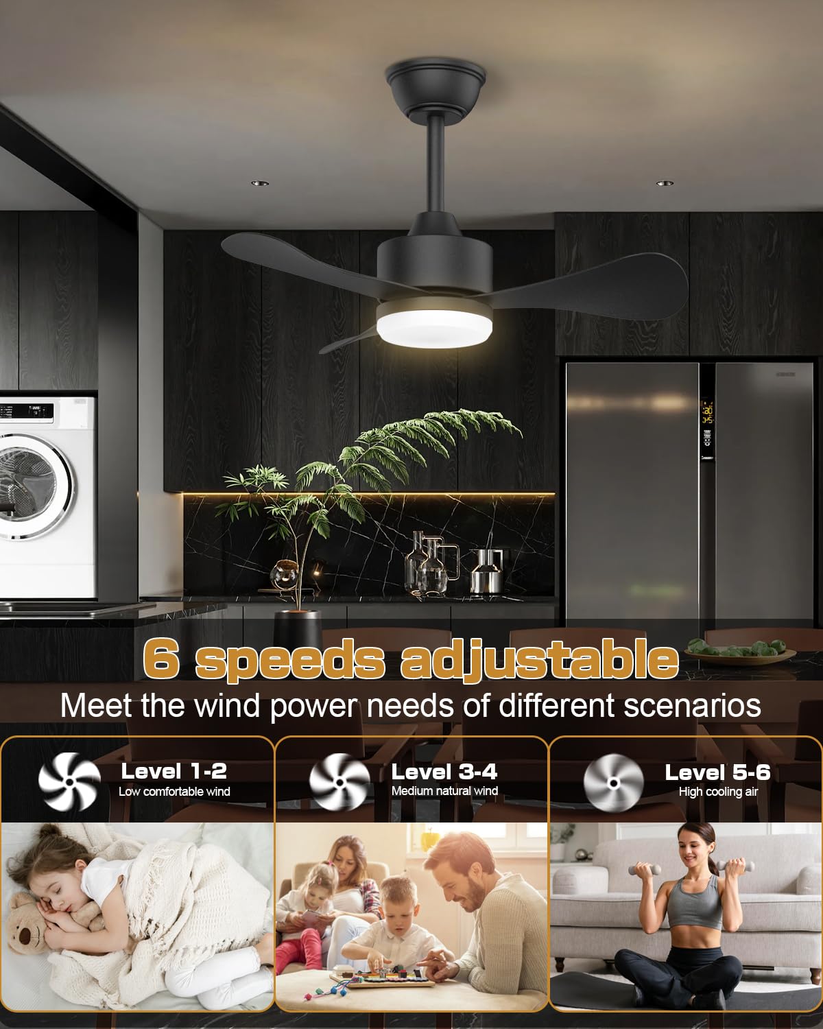 Omkeerbaar Plafondventilator met Licht en Afstandsbediening Rustig 6 Snelheden Slaapkamer Led Plafondventilator met Verlichting Woonkamer Modern 24w Dimbaar Klein Plafondlicht, Zwart 40CM