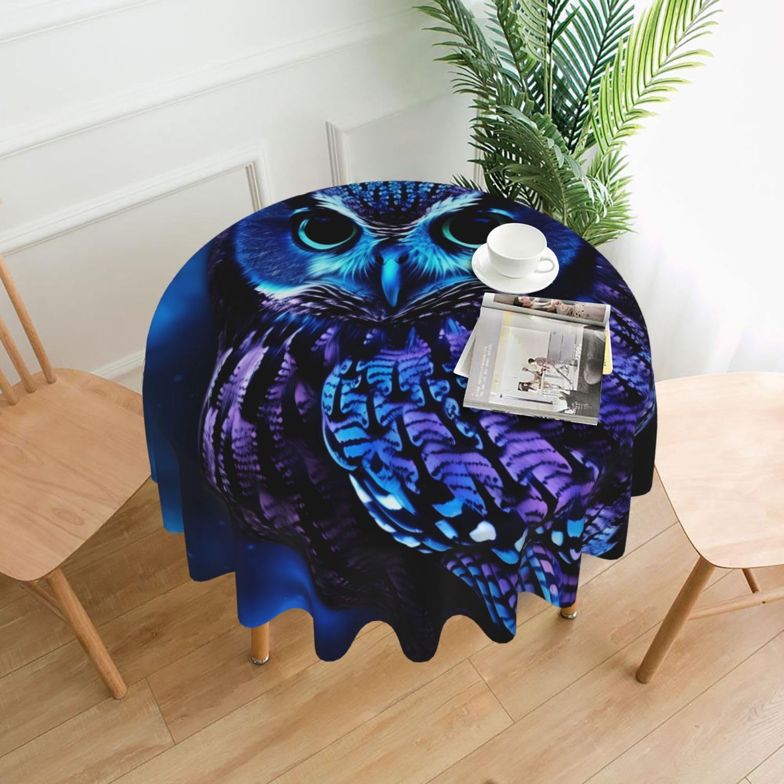 Fodpand Black Blue Owl Tablecloths For Round Tables 60 Inches - Reusable And Washable Kitchen Table Clothes Decorative Table Cover For Dining Tables, Buffet Parties, Wrinkle Resistant