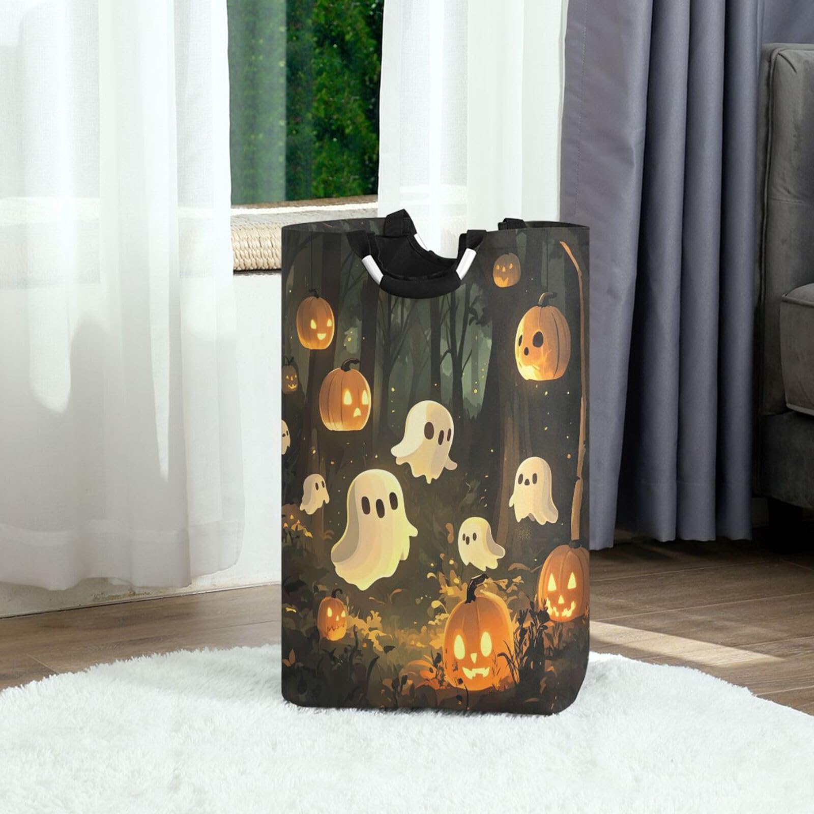 Jihqo Laundry Hamper Basket Halloween Pumpkin Ghost Collapsible Nursery Storage Bin Waterproof Clothing Baskets for Home Bedroom Bathroom Washing Room