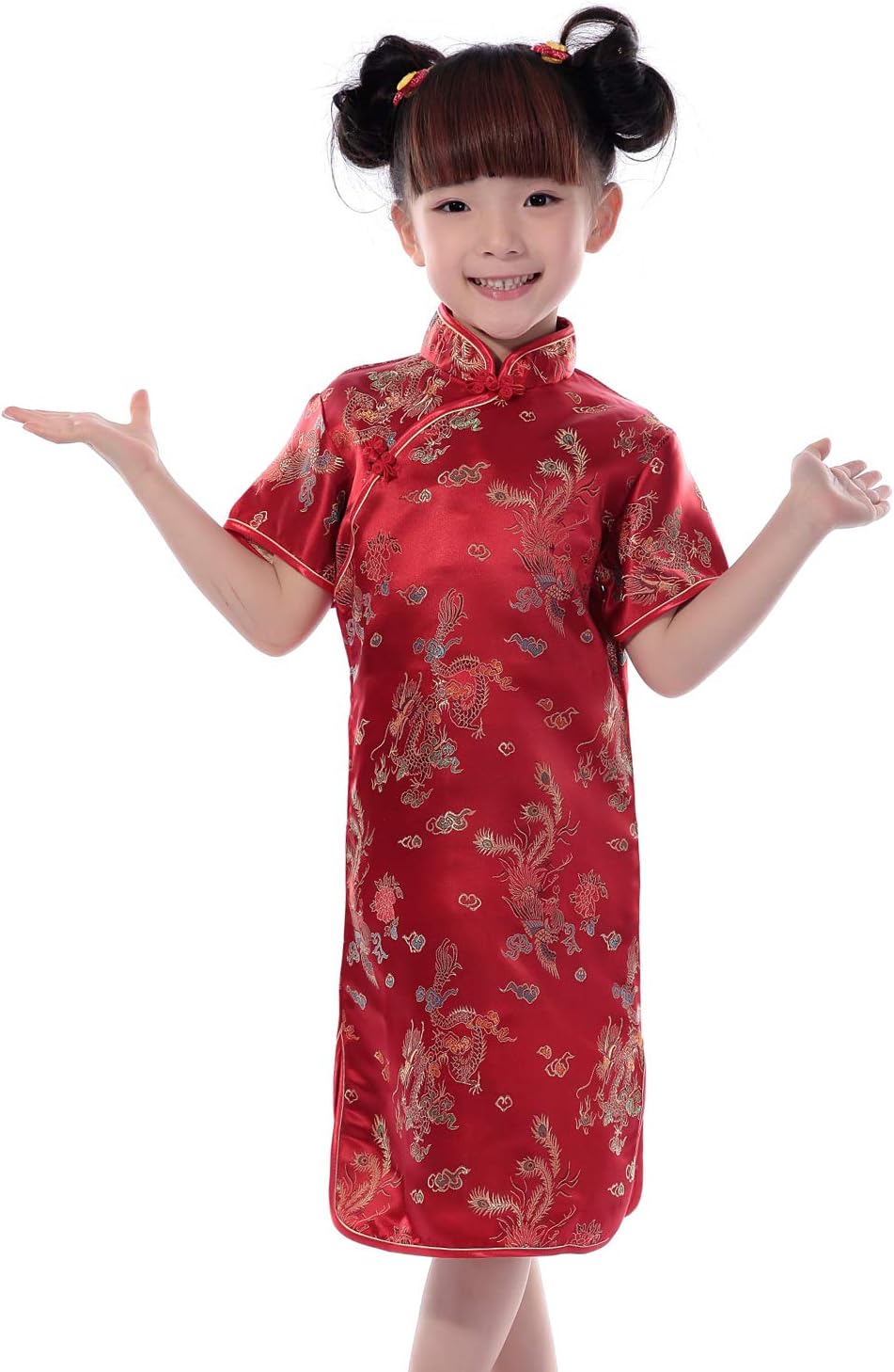 DAZISEN Girls Cheongsam Dress - Kids Dragon Phoenix Short Sleeve Qi Pao Chinese Dress Wedding Party Princess Cosplay Dresses