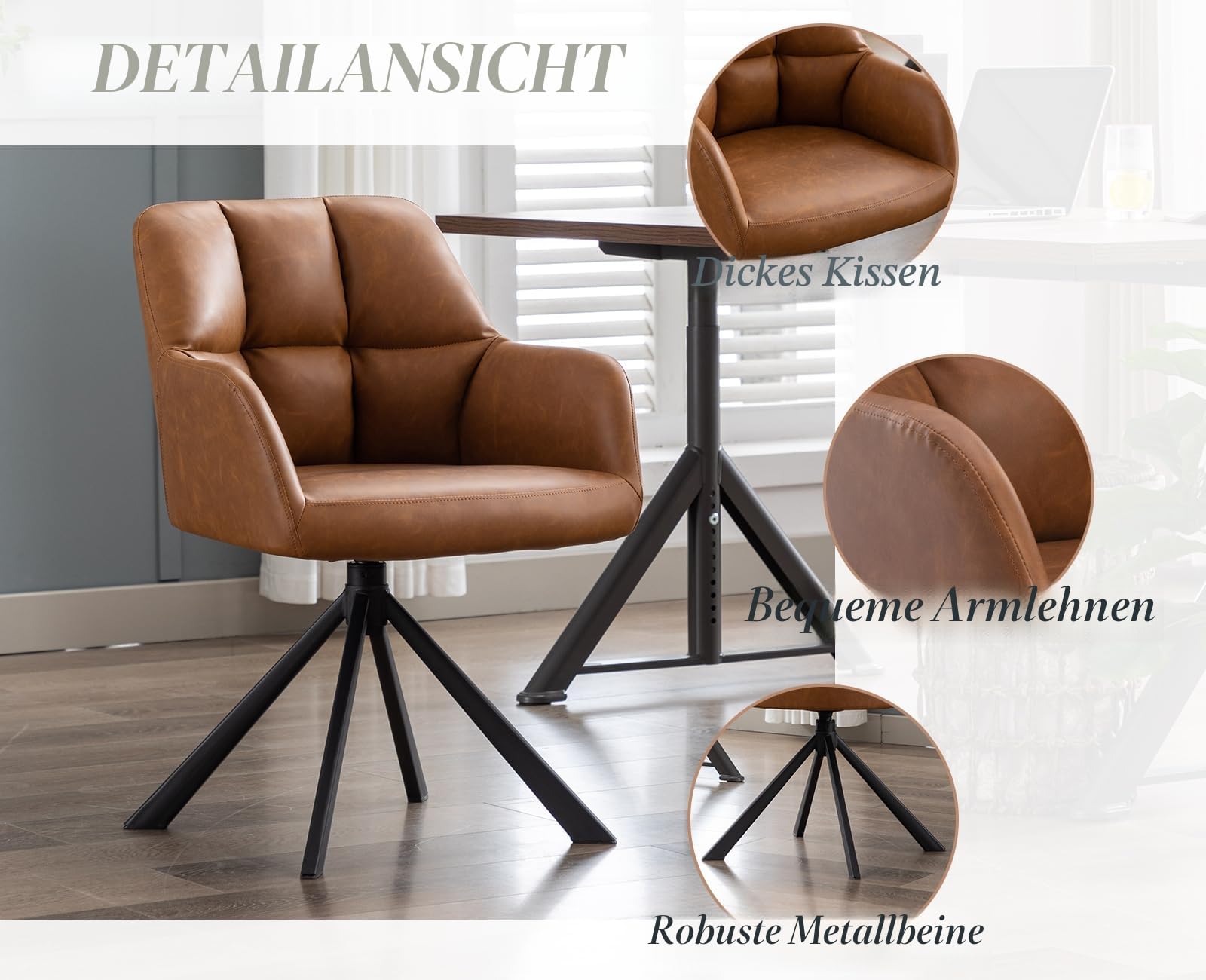 chairus Schreibtischstuhl PU Leder Bürostuhl 360° Drehbar Schreibtischstuhl Sessel für Arbeitszimmer Drehstuhl ohne Rollen (Braun(Metallbeine)) | PU-Leder, feste Höhe, 360° drehbar, bequeme Rückenlehne, mit Armen, stabile Metallbeine, für Bürozimmer, Arbe