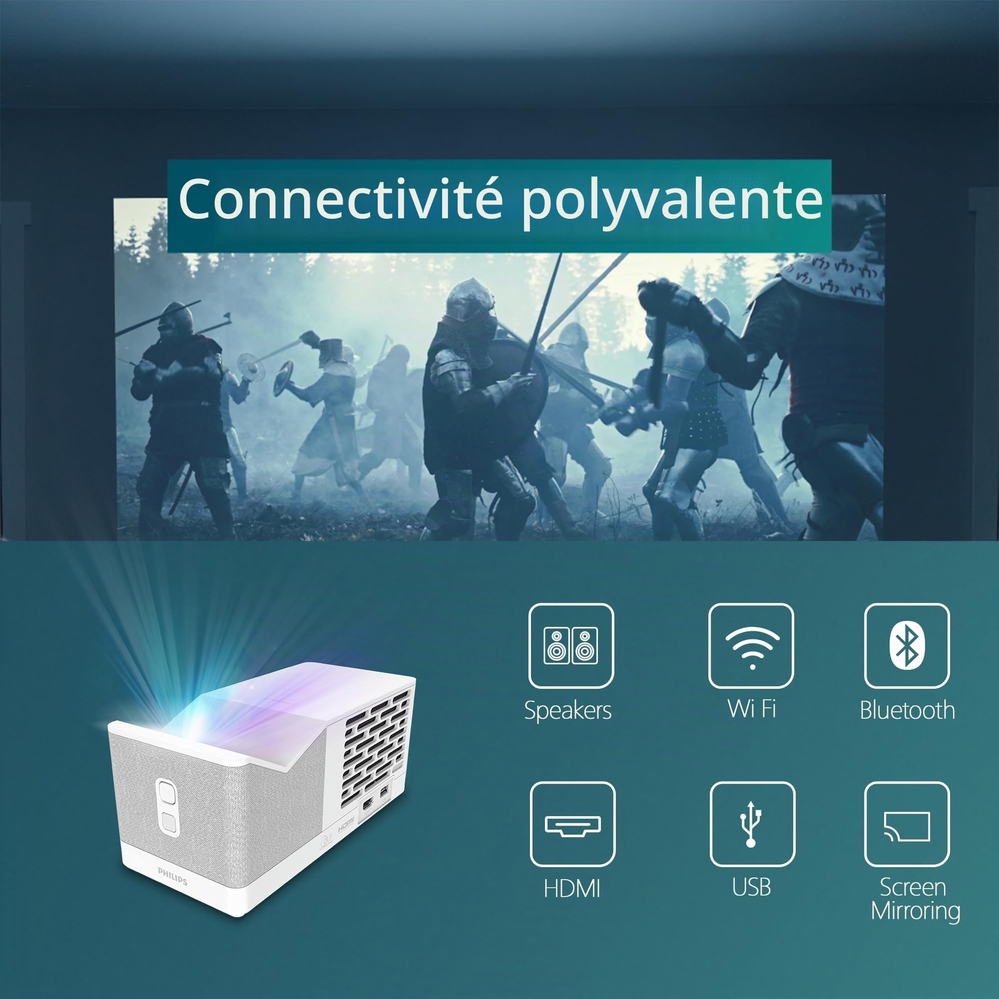 Philips UL5 Smart, Vidéoprojecteur Ultra Courte Focale, Full HD 1080p, Triple Laser, Wi-FI, Correction d'image avancée, Son Stéréo, Système Lumin OS avec Applications, Blanc