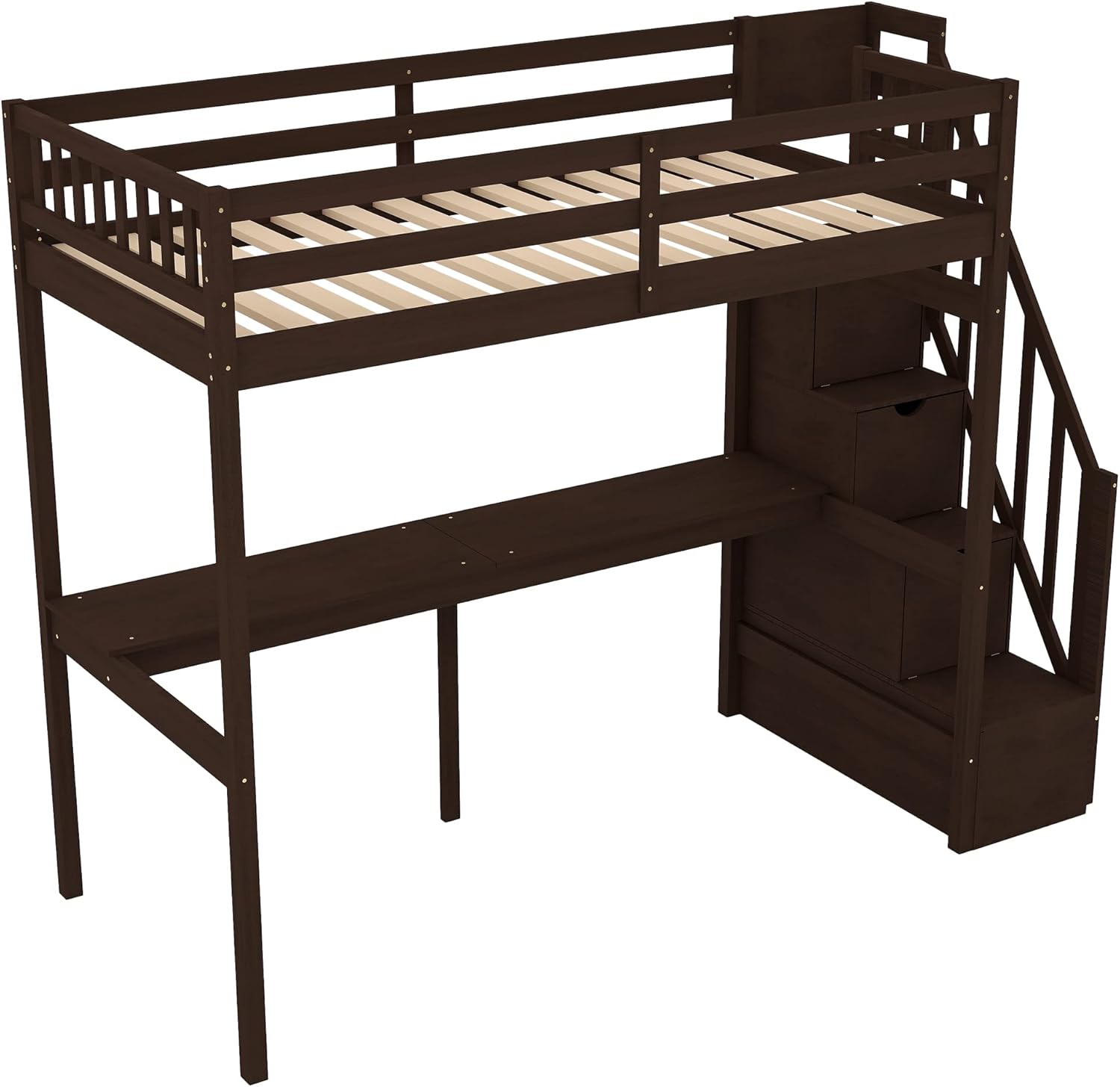View of the loft bed frame from above, showing the wooden slats that support the mattress.